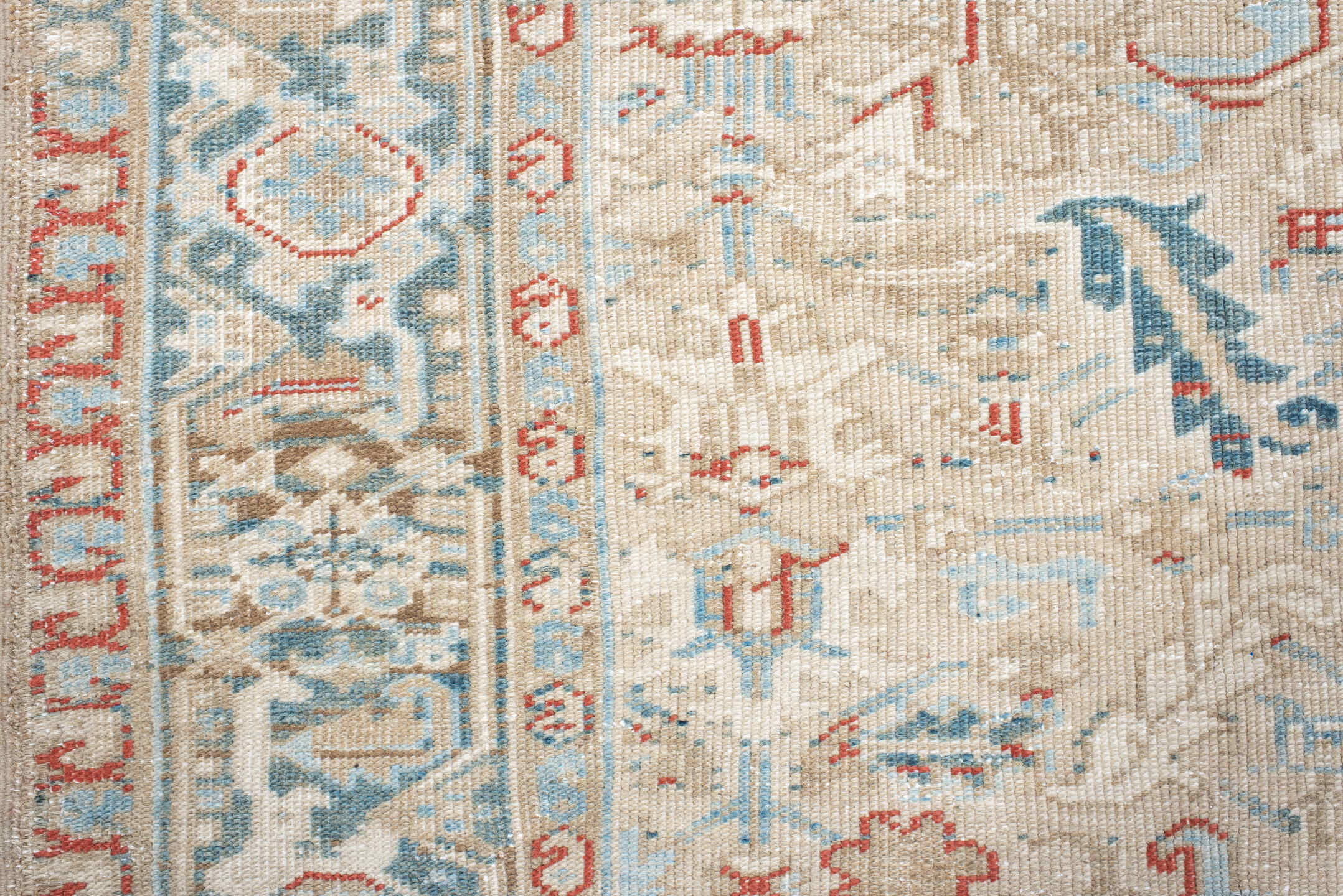 6' x 8' one-of-a-kind handmade antique Heriz medium size rug. Color palette: ivory, pale blue, rust, beige, sky blue
