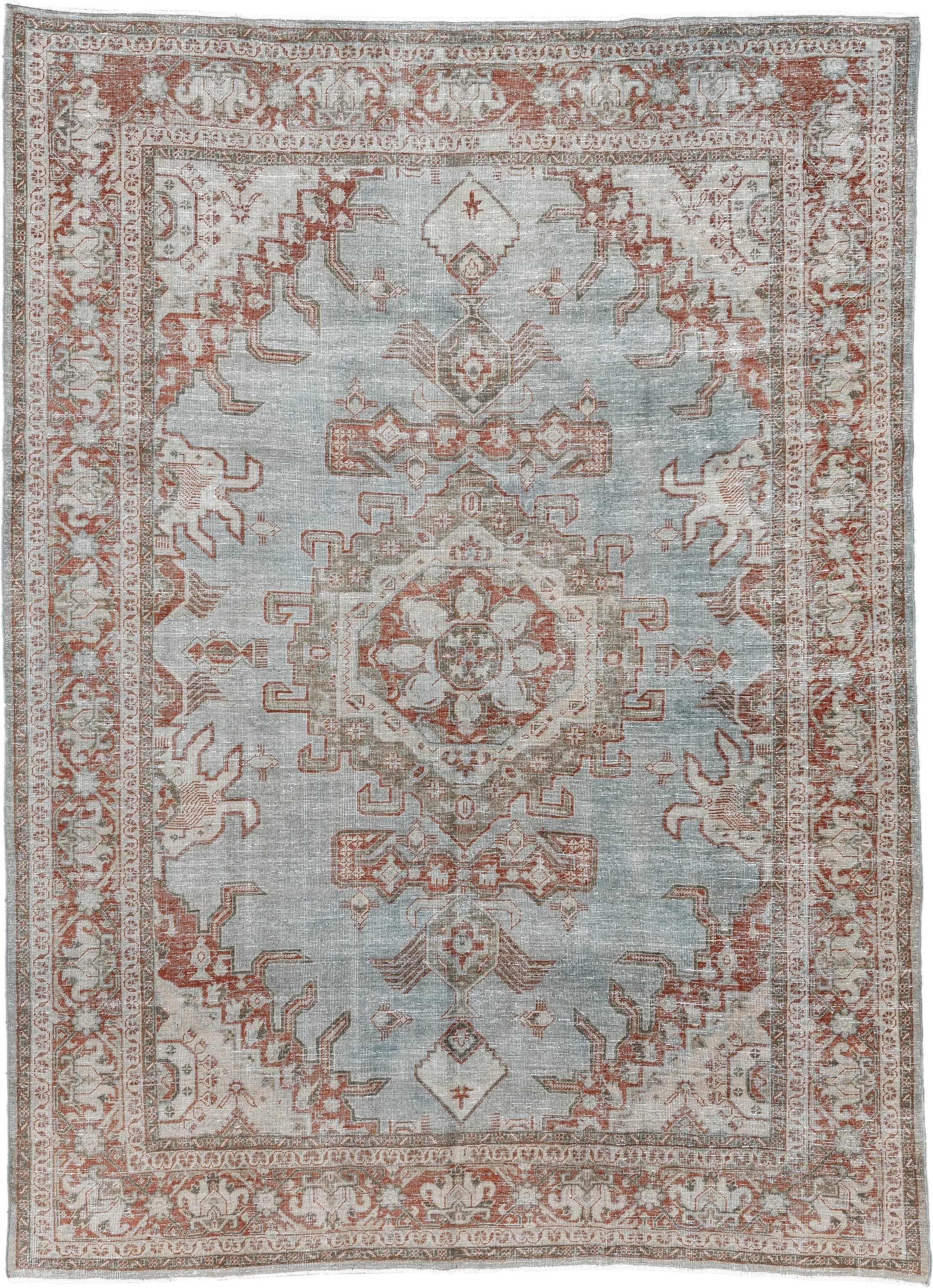 8' x 11' one-of-a-kind handmade vintage Veece large size rug. Color palette: pale blue, ivory, terra cotta, taupe, sage