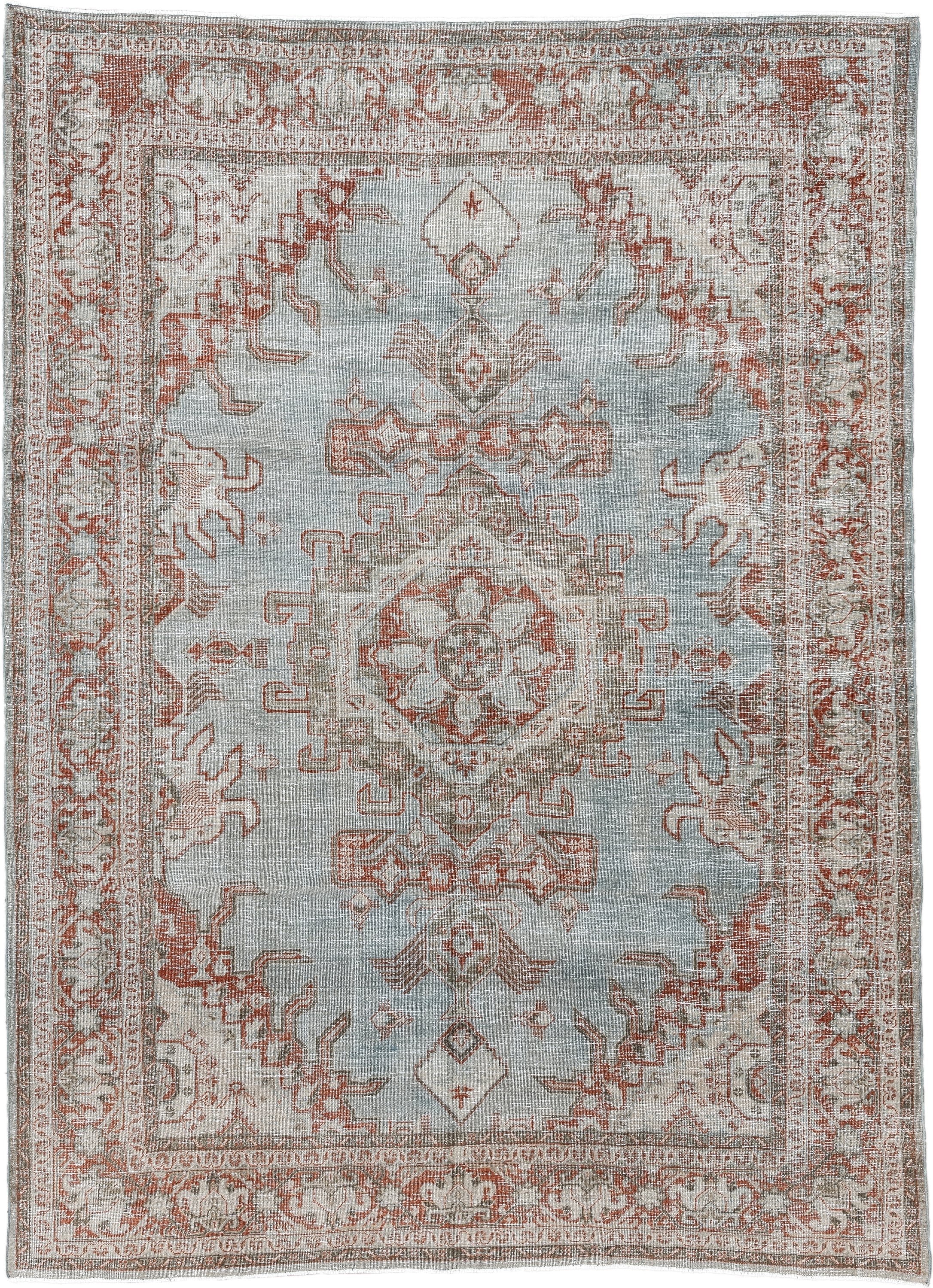 8' x 11' one-of-a-kind handmade vintage Veece large size rug. Color palette: pale blue, ivory, terra cotta, taupe, sage