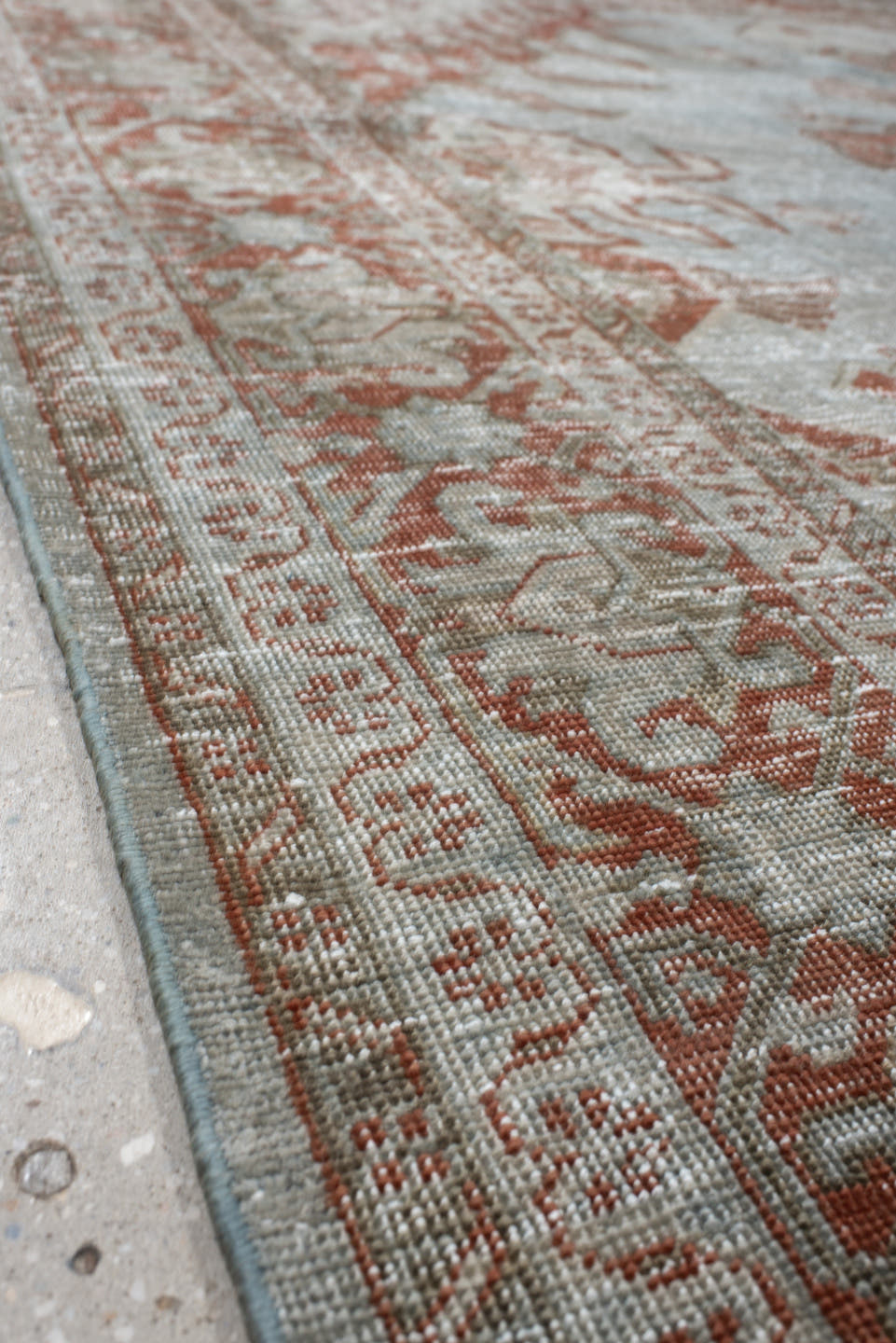 8' x 11' one-of-a-kind handmade vintage Veece large size rug. Color palette: pale blue, ivory, terra cotta, taupe, sage