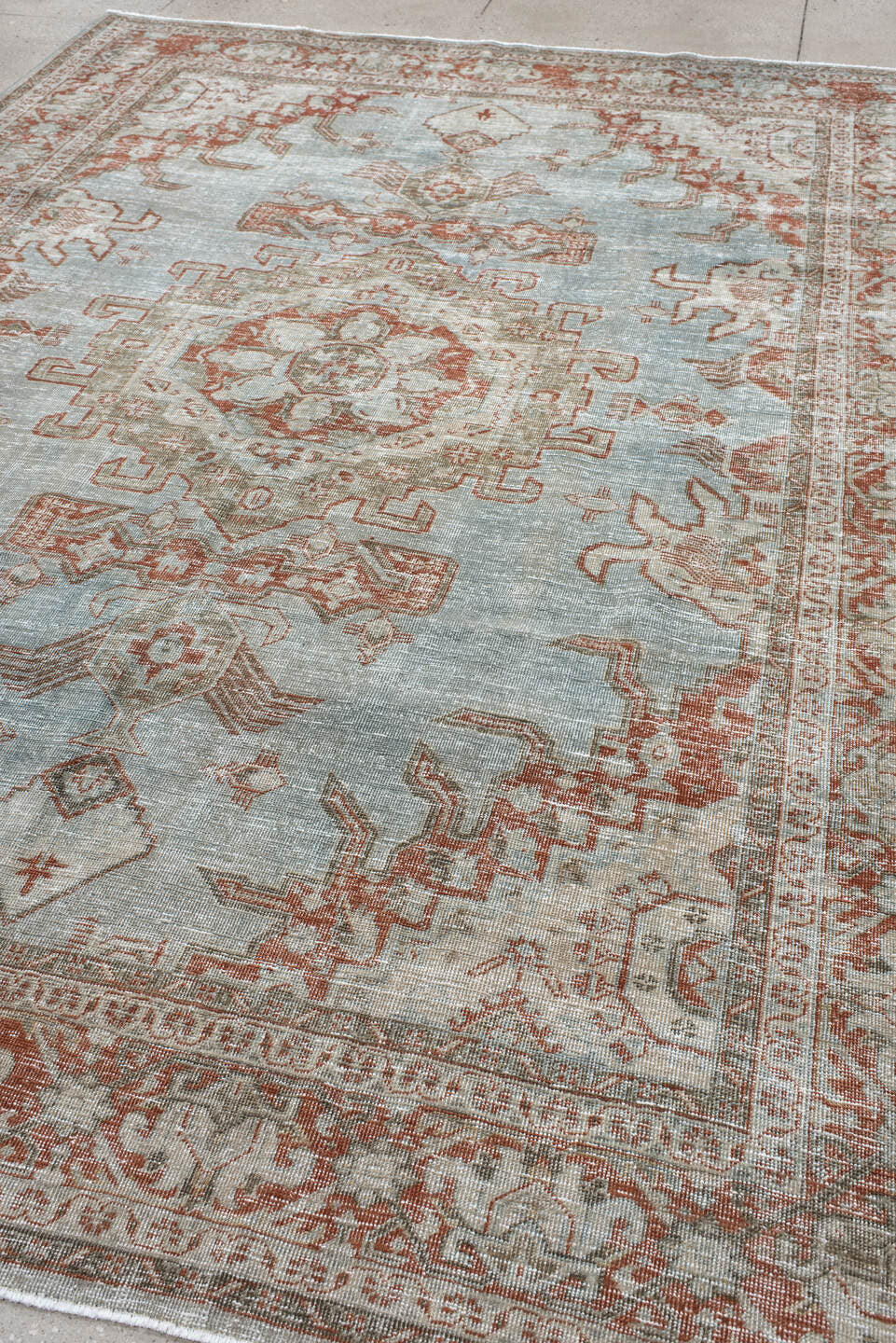 8' x 11' one-of-a-kind handmade vintage Veece large size rug. Color palette: pale blue, ivory, terra cotta, taupe, sage