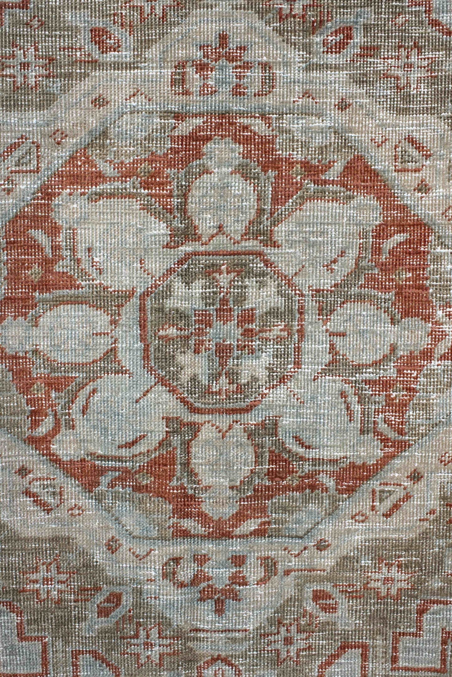 8' x 11' one-of-a-kind handmade vintage Veece large size rug. Color palette: pale blue, ivory, terra cotta, taupe, sage