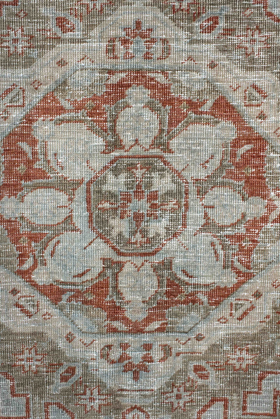 8' x 11' one-of-a-kind handmade vintage Veece large size rug. Color palette: pale blue, ivory, terra cotta, taupe, sage