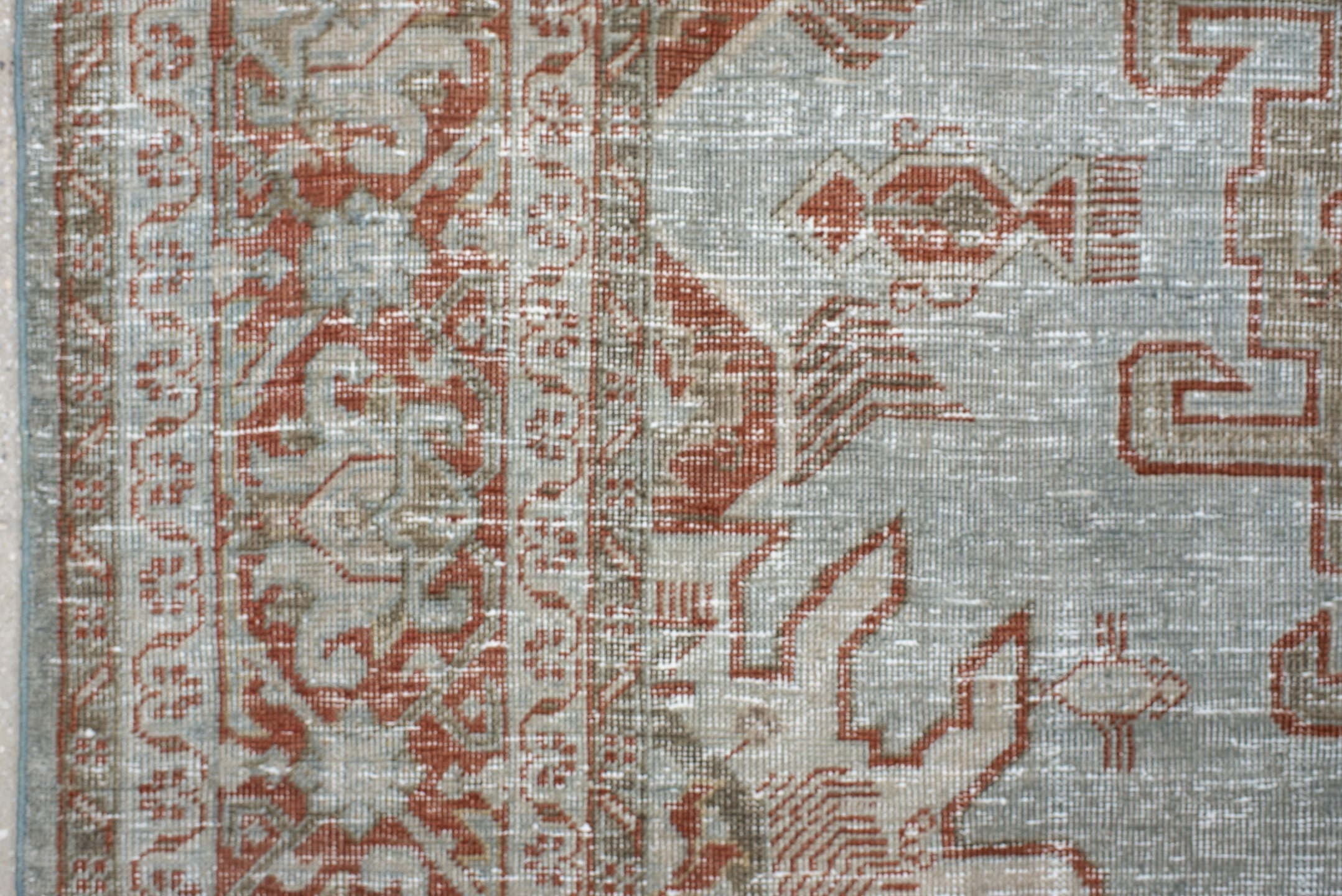8' x 11' one-of-a-kind handmade vintage Veece large size rug. Color palette: pale blue, ivory, terra cotta, taupe, sage