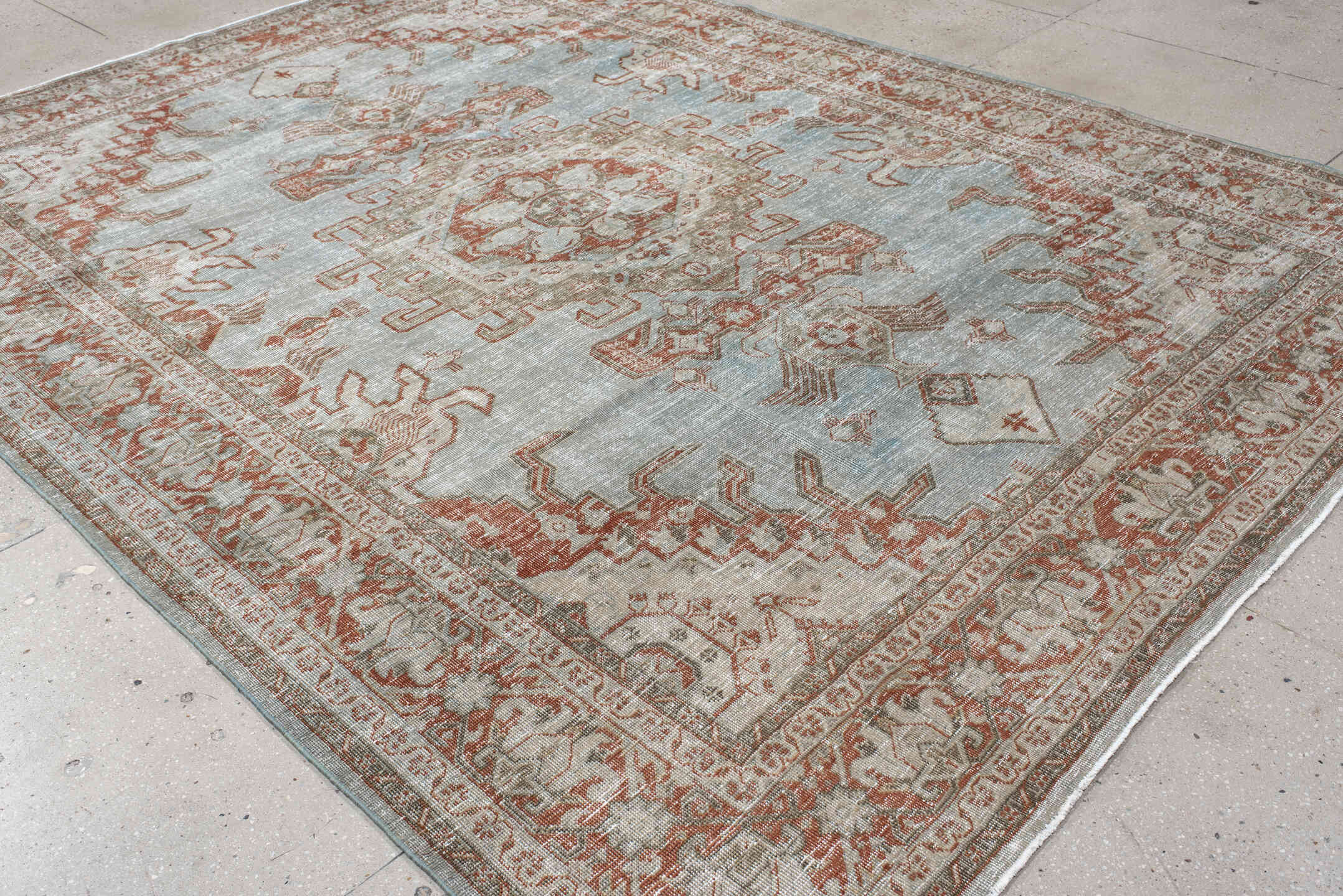 8' x 11' one-of-a-kind handmade vintage Veece large size rug. Color palette: pale blue, ivory, terra cotta, taupe, sage