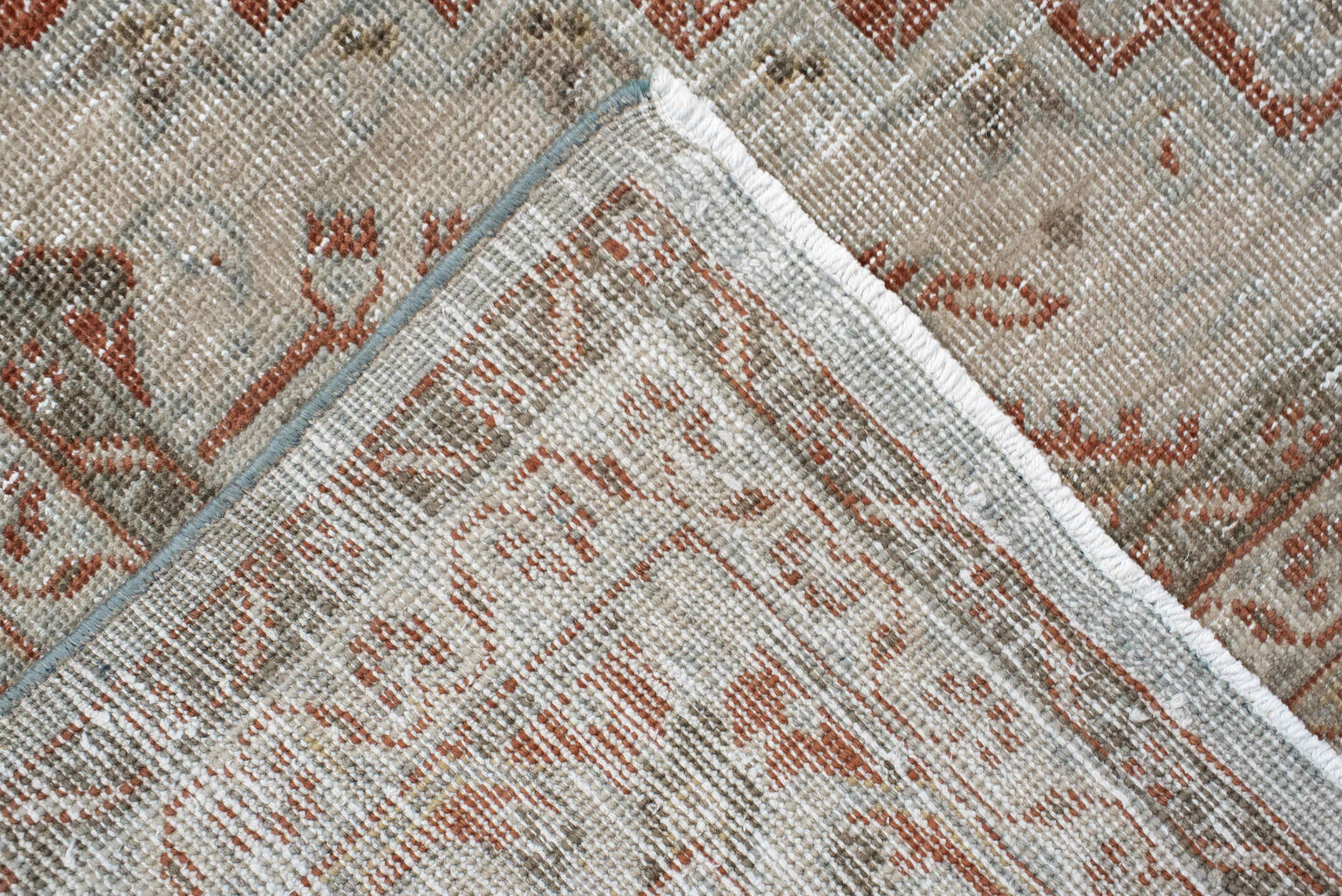 8' x 11' one-of-a-kind handmade vintage Veece large size rug. Color palette: pale blue, ivory, terra cotta, taupe, sage