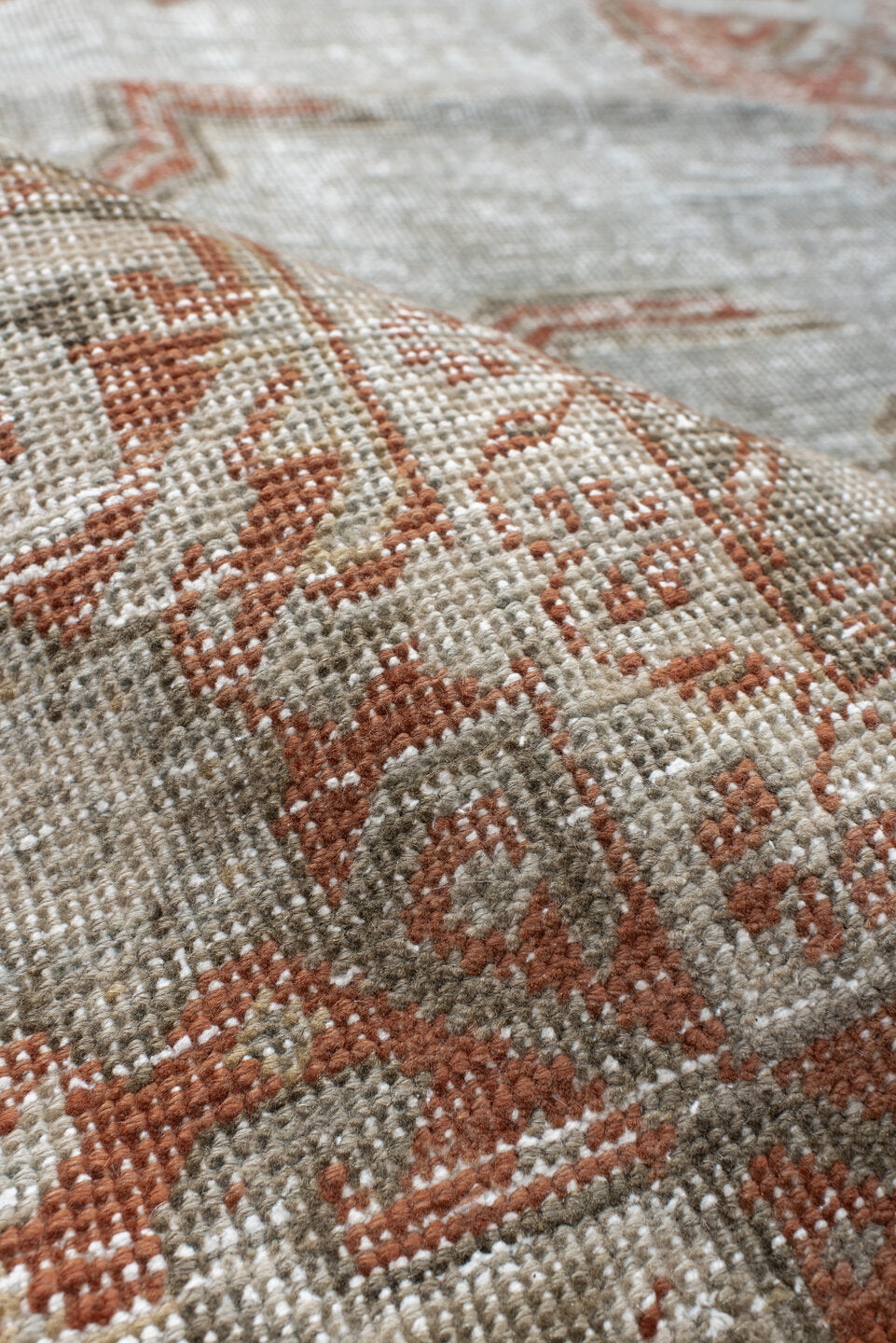 8' x 11' one-of-a-kind handmade vintage Veece large size rug. Color palette: pale blue, ivory, terra cotta, taupe, sage