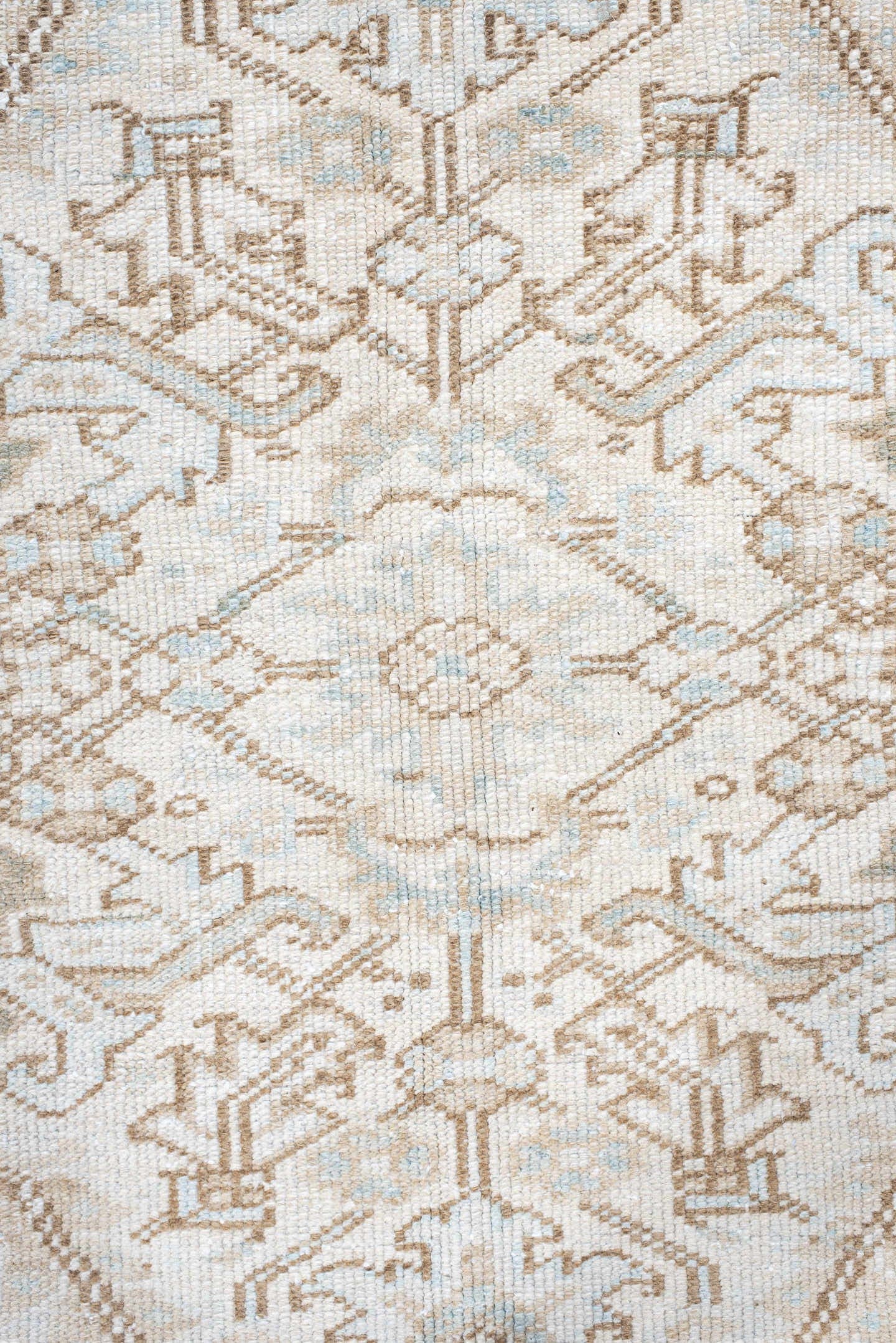 7' x 11' one-of-a-kind handmade antique Heriz large size rug. Color palette: ivory, pale aqua, camel, taupe, sage, cream