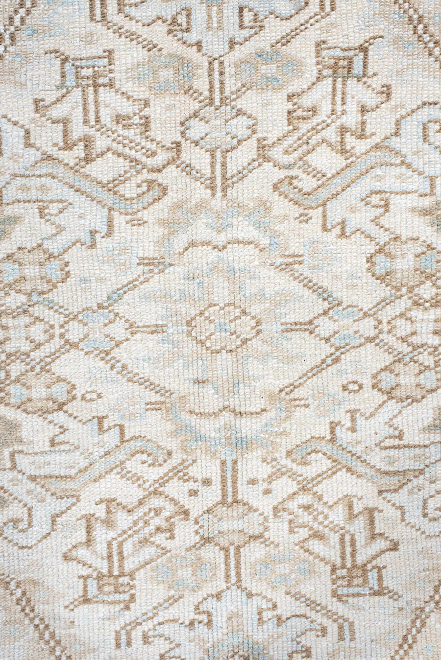 7' x 11' one-of-a-kind handmade antique Heriz large size rug. Color palette: ivory, pale aqua, camel, taupe, sage, cream