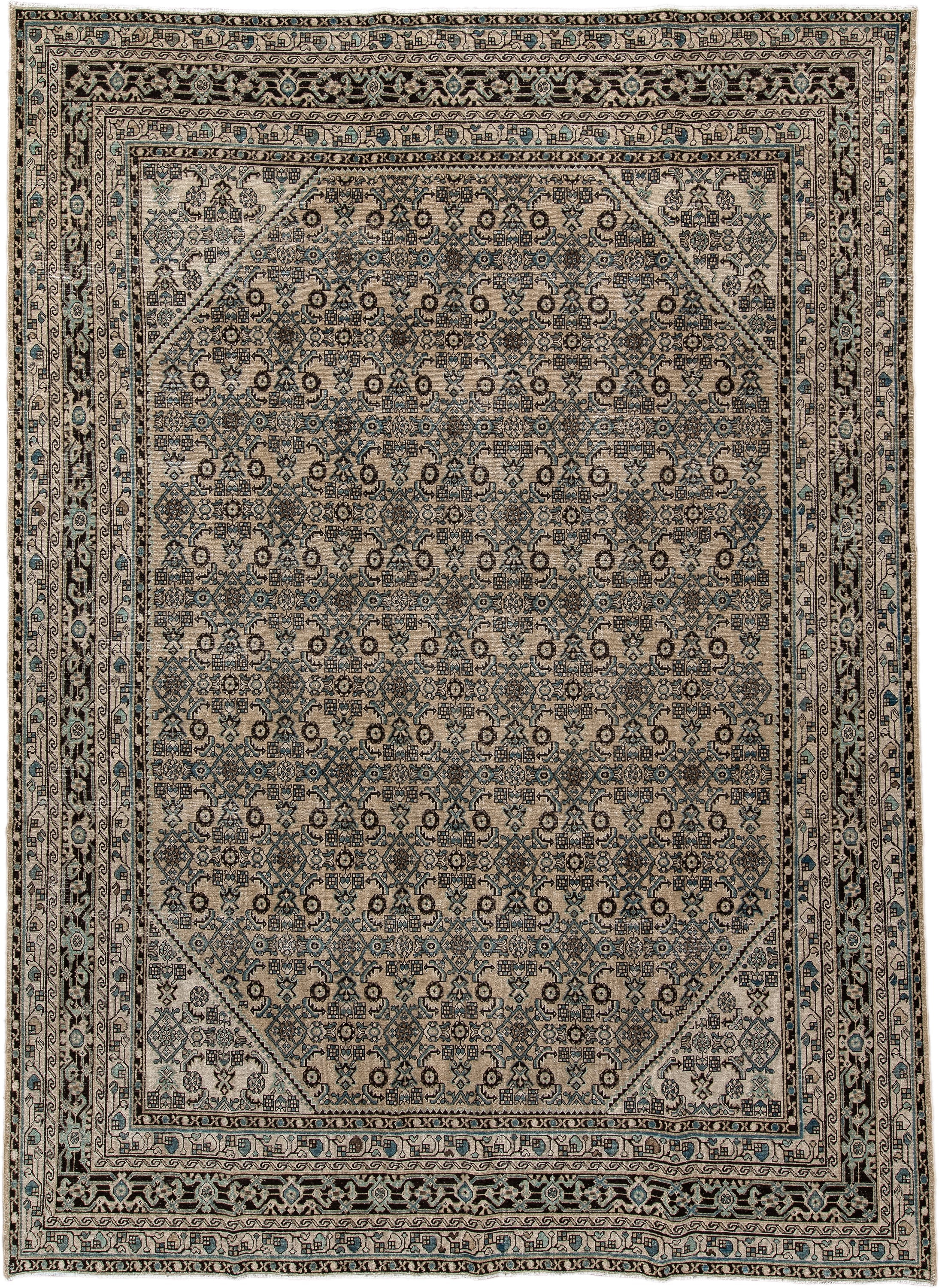 8' x 12' one-of-a-kind handmade antique Bibikabad large size rug. Color palette: ivory, navy, brown, sky_blue, charcoal