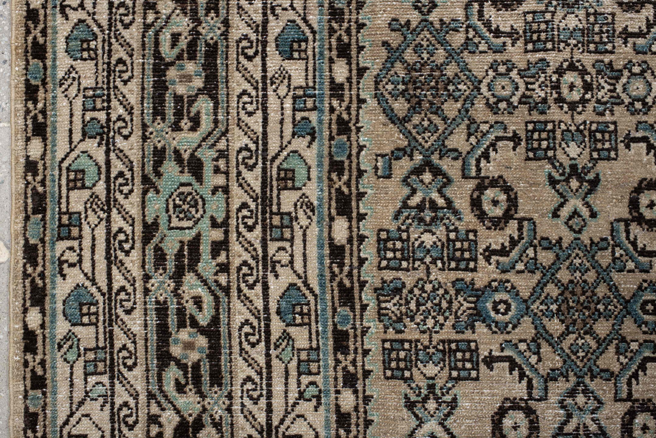 8' x 12' one-of-a-kind handmade antique Bibikabad large size rug. Color palette: ivory, navy, brown, sky_blue, charcoal