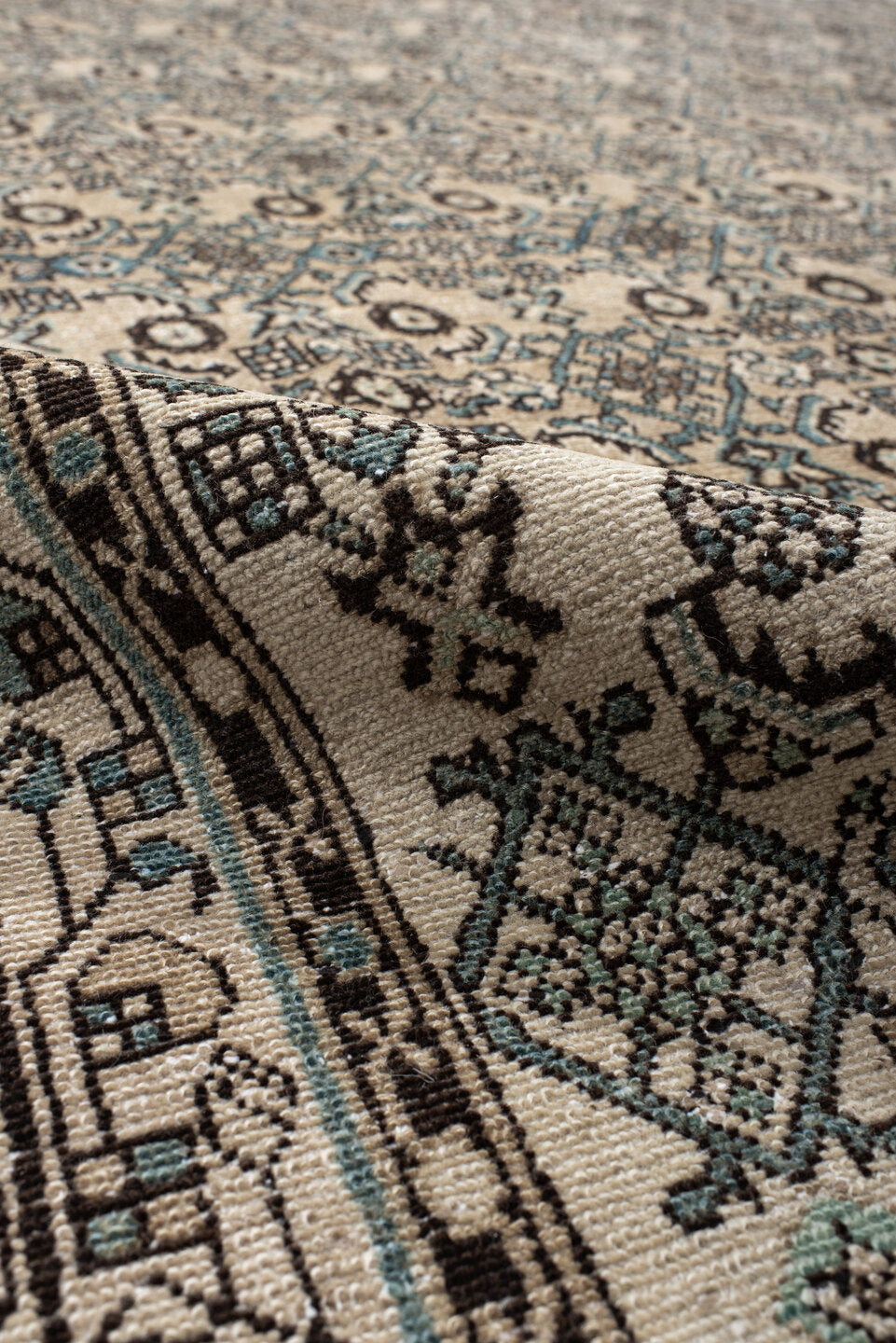 8' x 12' one-of-a-kind handmade antique Bibikabad large size rug. Color palette: ivory, navy, brown, sky_blue, charcoal