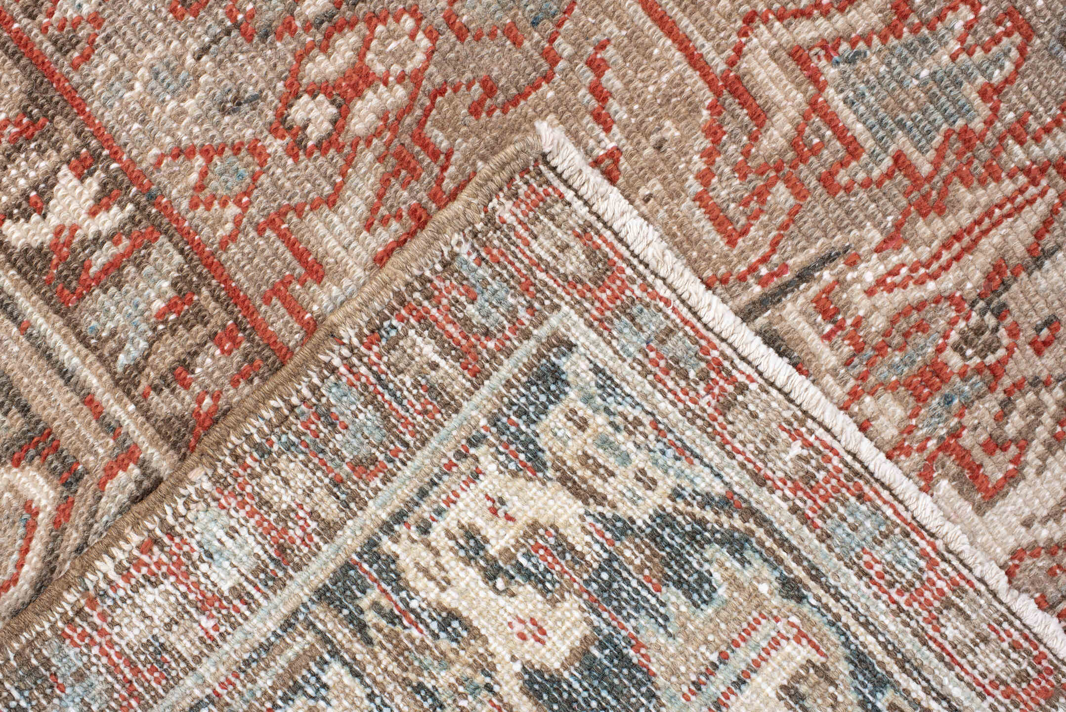 7' x 10' one-of-a-kind handmade antique Heriz large size rug. Color palette: taupe, ivory, charcoal, coral, brown, gray