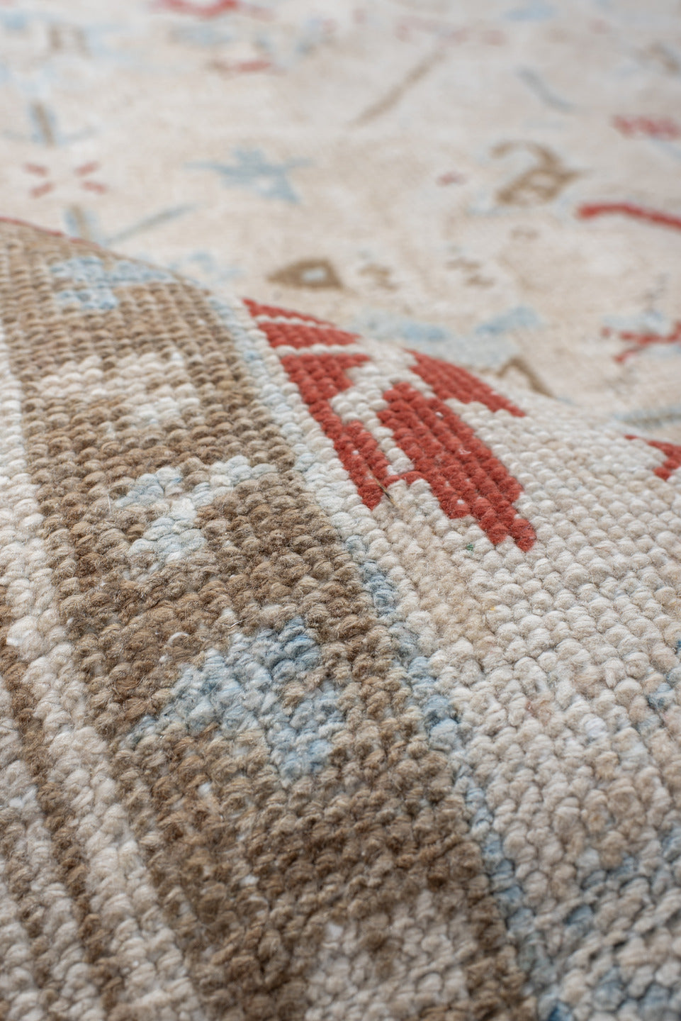 6' x 8' one-of-a-kind handmade antique Heriz medium size rug. Color palette: ivory, taupe, light blue, rust, beige, gray