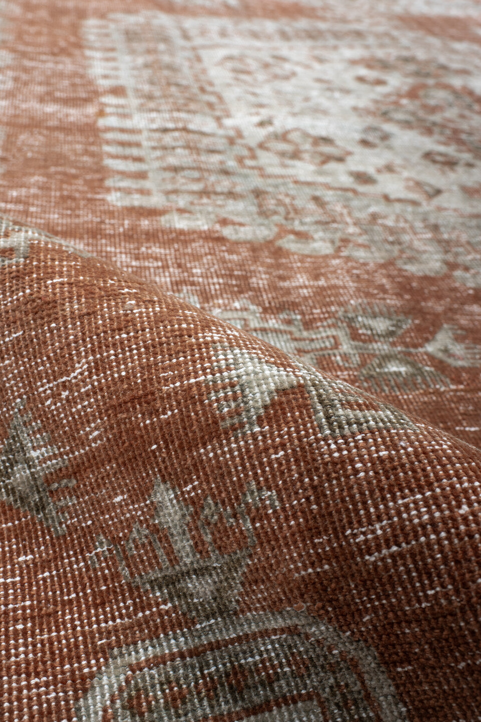 7' x 9' one-of-a-kind handmade antique Veece large size rug. Color palette: terra cotta, ivory, taupe, camel, sage, charcoal