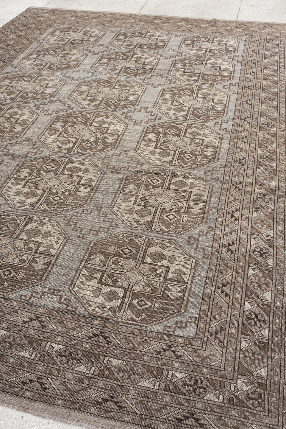 8' x 11' one-of-a-kind handmade antique Afghan large size rug. Color palette: taupe, brown, ivory, camel, charcoal, beige