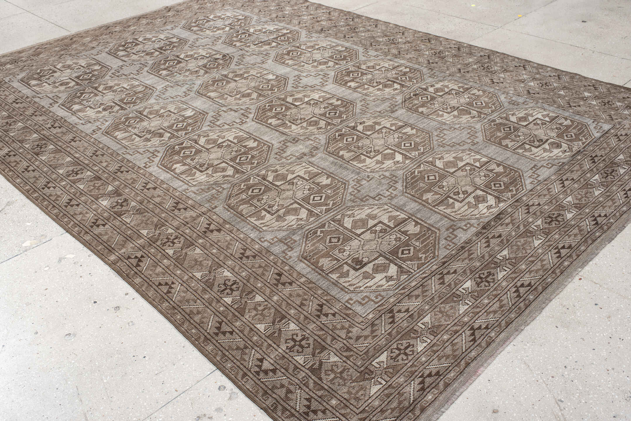 8' x 11' one-of-a-kind handmade antique Afghan large size rug. Color palette: taupe, brown, ivory, camel, charcoal, beige