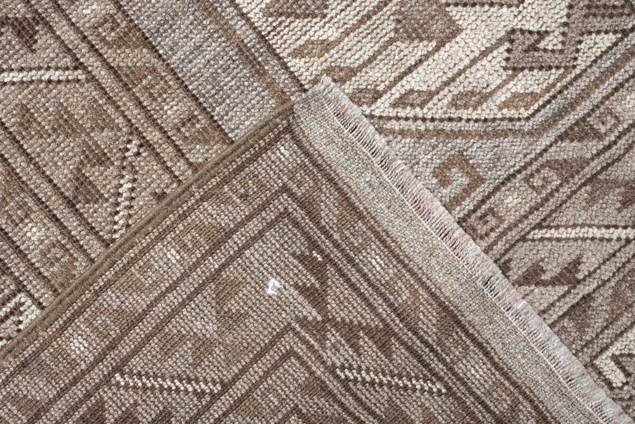 8' x 11' one-of-a-kind handmade vintage Afghan large size rug. Color palette: brown, dark gray, gray, light gray, off-white