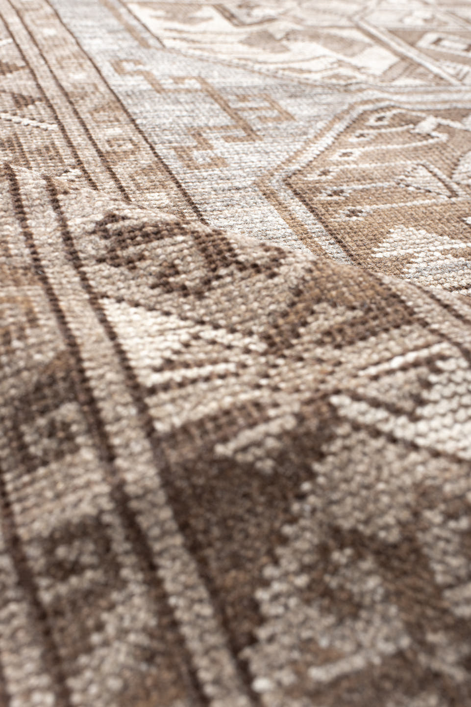 8' x 11' one-of-a-kind handmade antique Afghan large size rug. Color palette: taupe, brown, ivory, camel, charcoal, beige