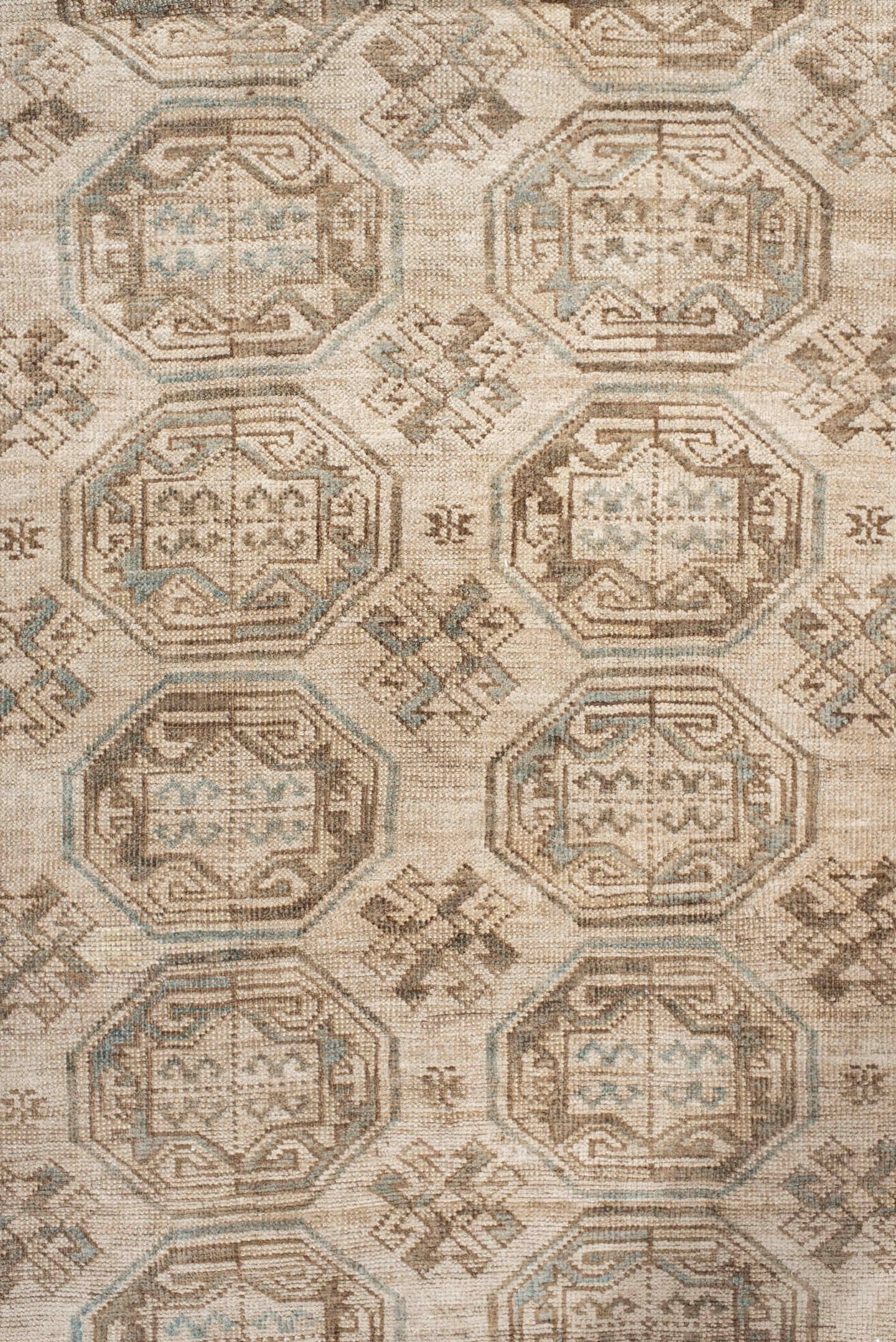 4' x 7' one-of-a-kind handmade vintage Afghan rug. Color palette: ivory, taupe, brown, camel, sage, slate, beige, gray