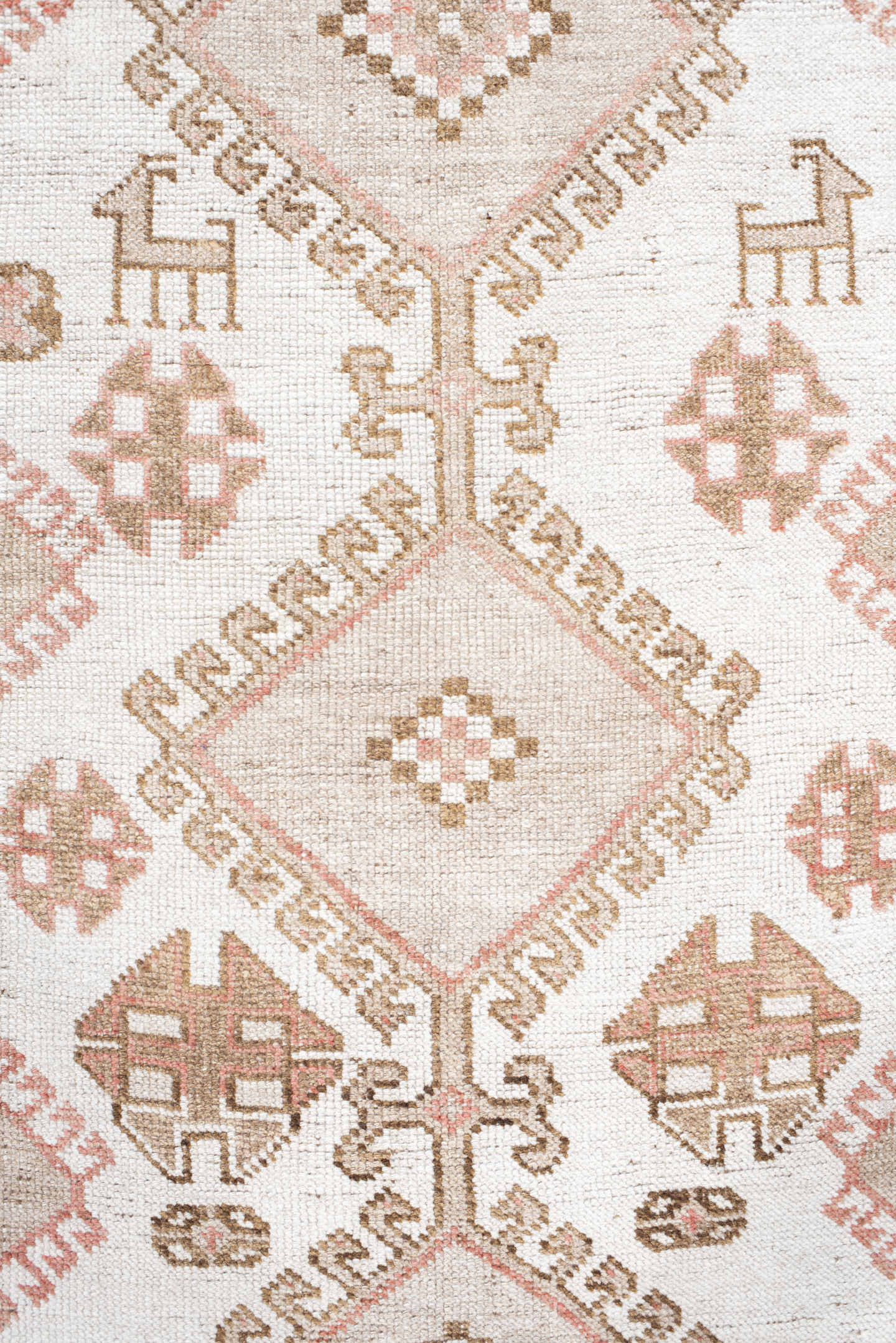 3' x 6' one-of-a-kind handmade antique Gabbe small size rug. Color palette: ivory, blush, taupe, camel, brown, pink, beige