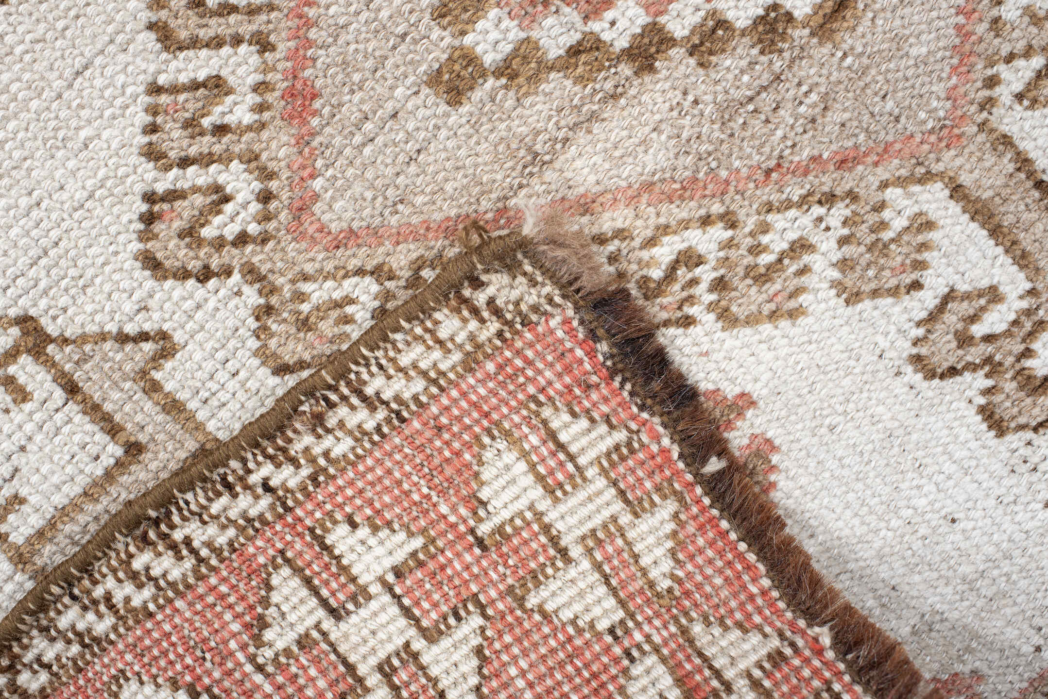 3' x 6' one-of-a-kind handmade antique Gabbe small size rug. Color palette: ivory, blush, taupe, camel, brown, pink, beige