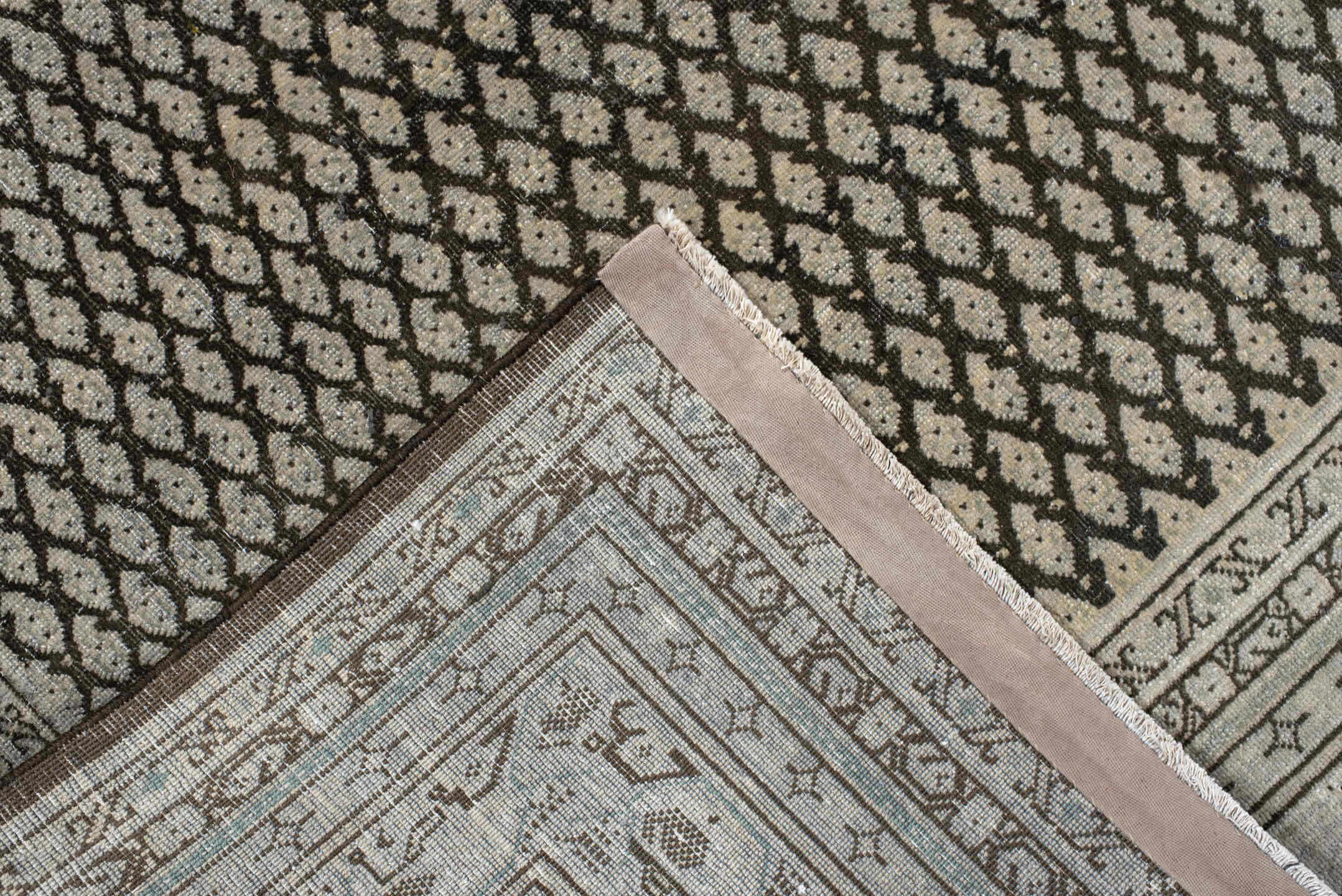 6' x 7' one-of-a-kind handmade antique Mir rug. Color palette: ivory, brown, taupe, camel, charcoal, beige, gray, black