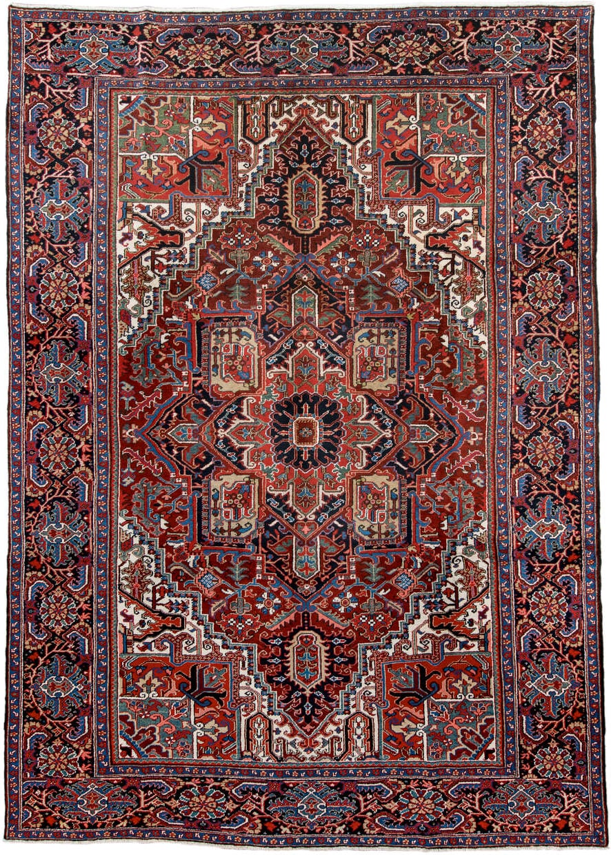 8' x 11' one-of-a-kind handmade antique Heriz large size rug. Color palette: rust, navy, ivory, sky_blue, brick, coral