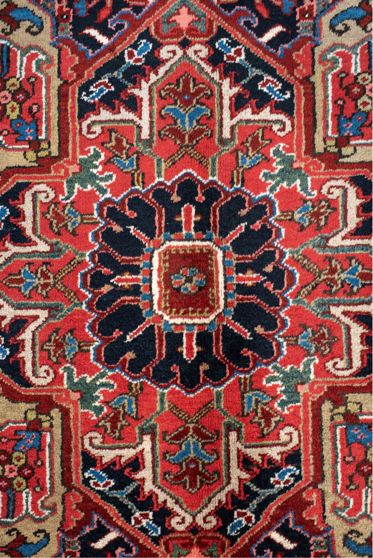 8' x 11' one-of-a-kind handmade antique Heriz large size rug. Color palette: rust, navy, ivory, sky_blue, brick, coral