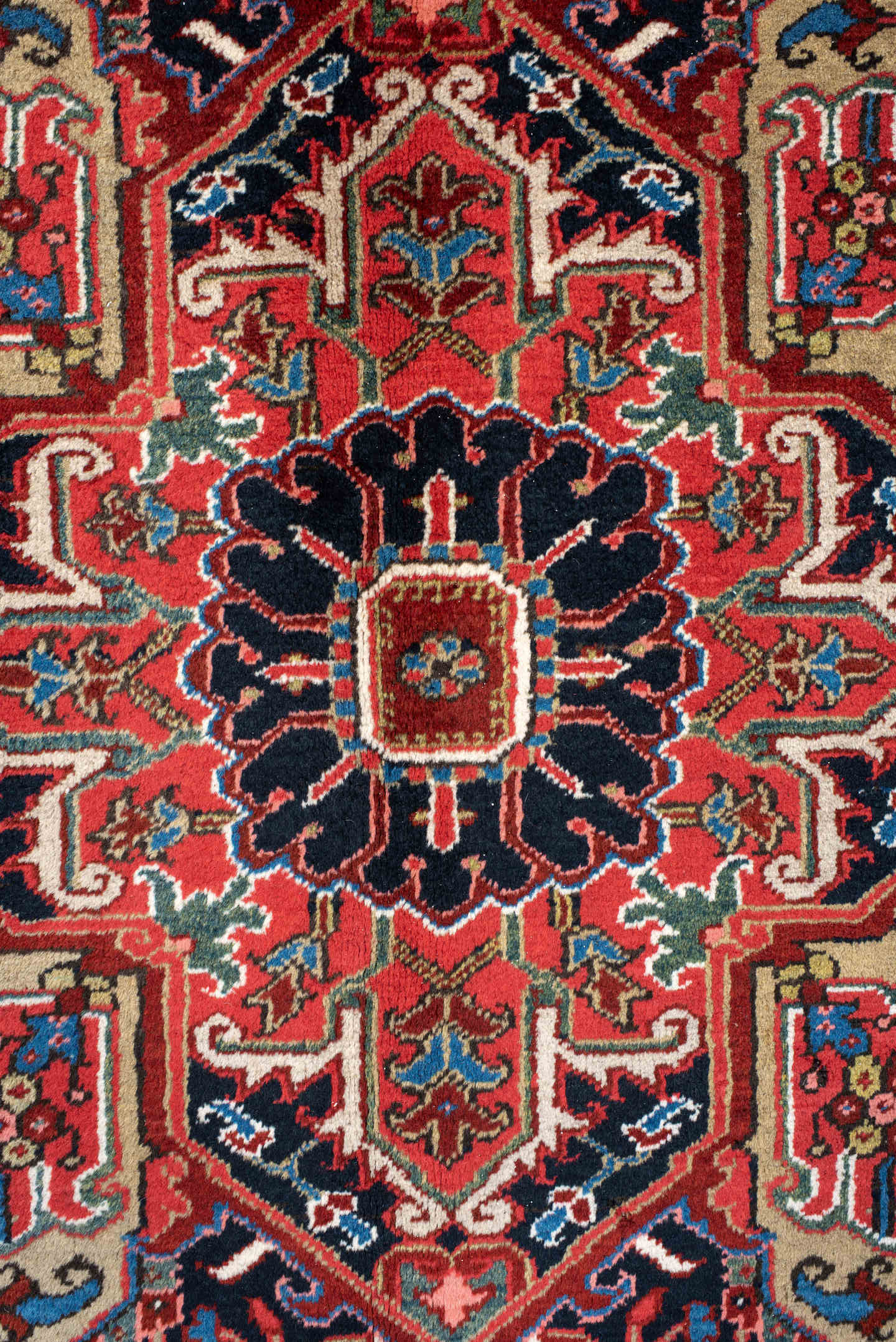 8' x 11' one-of-a-kind handmade antique Heriz large size rug. Color palette: rust, navy, ivory, sky_blue, brick, coral