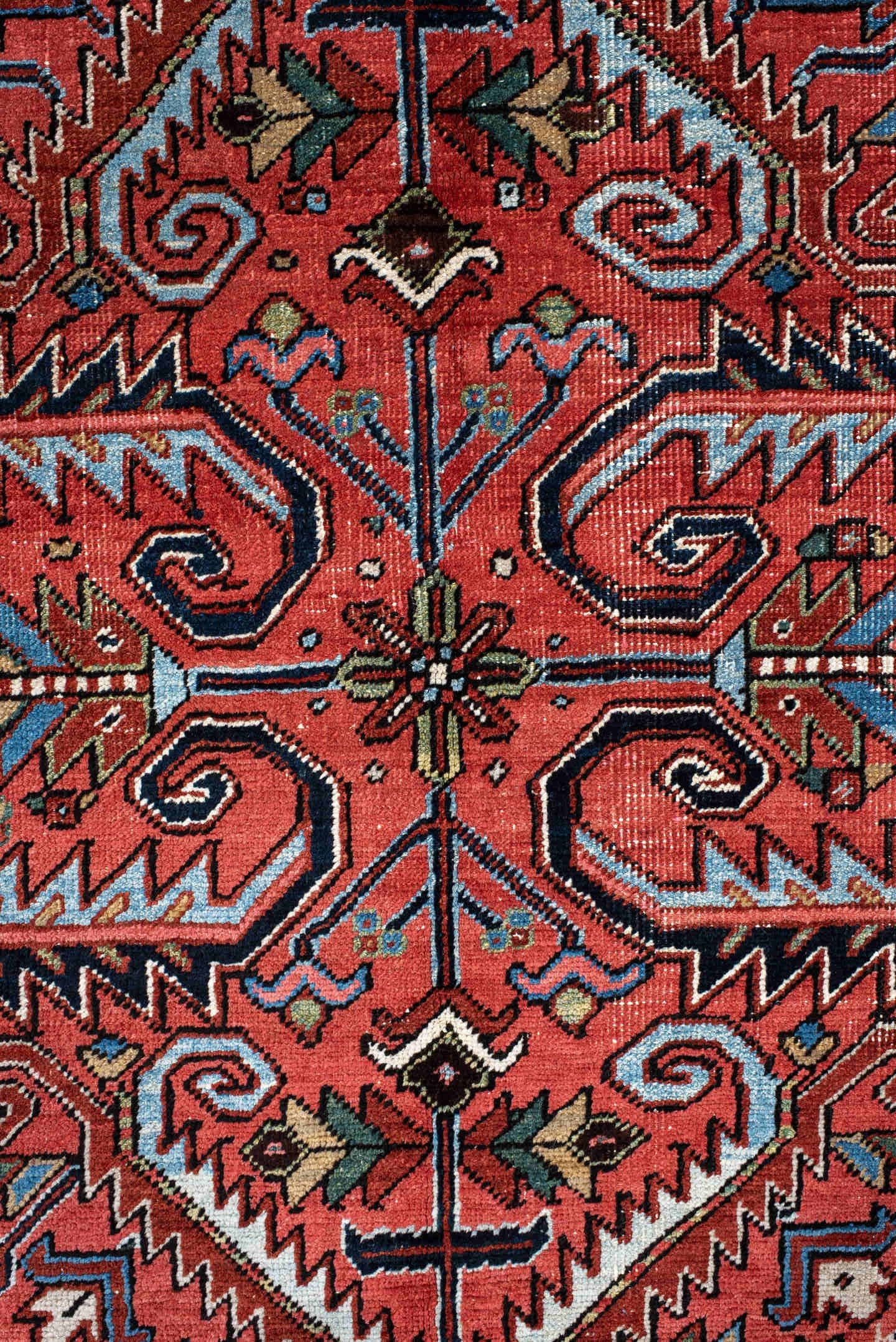 8' x 10' one-of-a-kind handmade antique large size rug. Color palette: rust, navy, ivory, sky_blue, camel, slate, rose