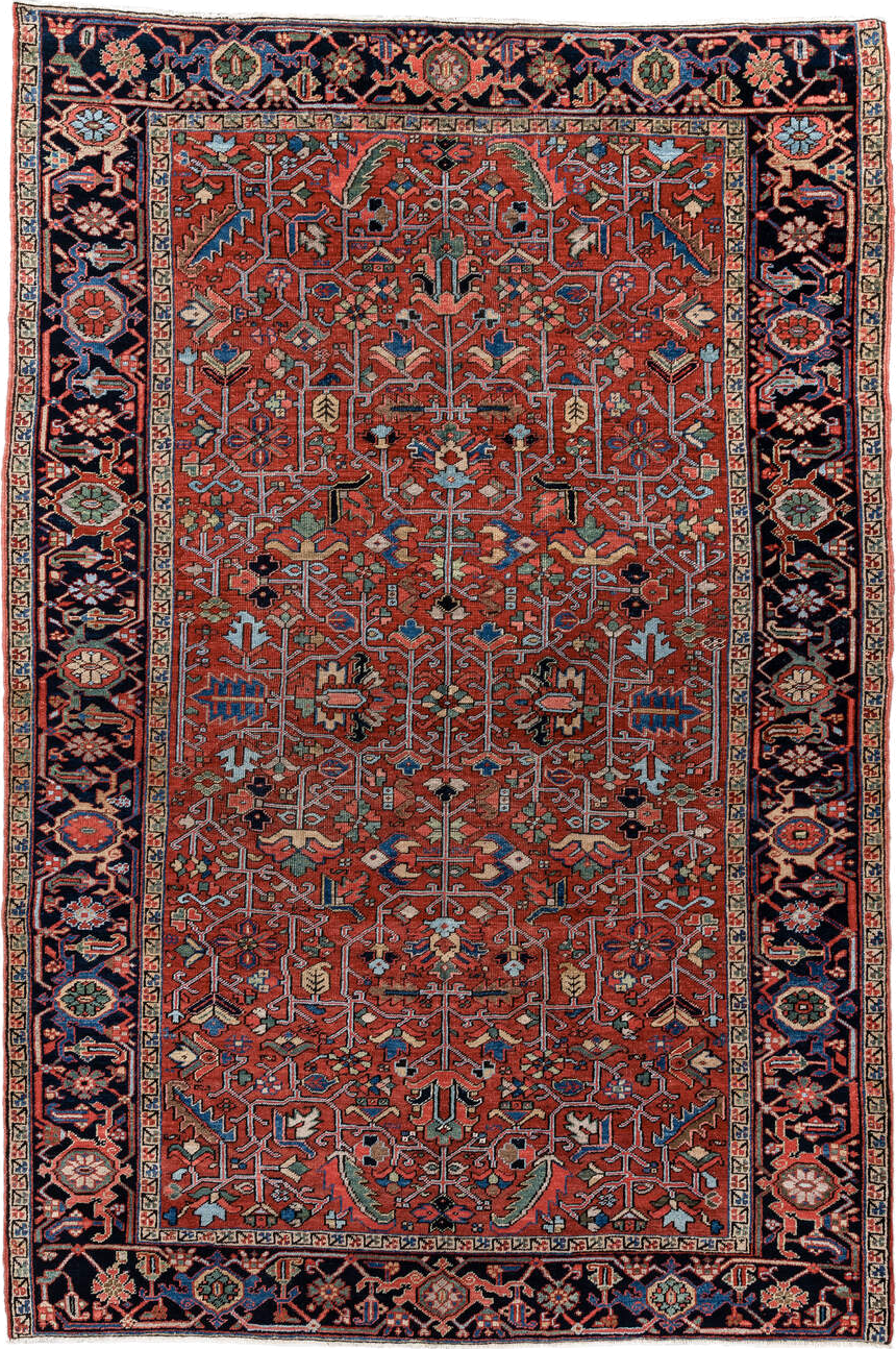 6' x 10' one-of-a-kind handmade antique Heriz large size rug. Color palette: rust, navy, ivory, sky_blue, sage, coral, camel