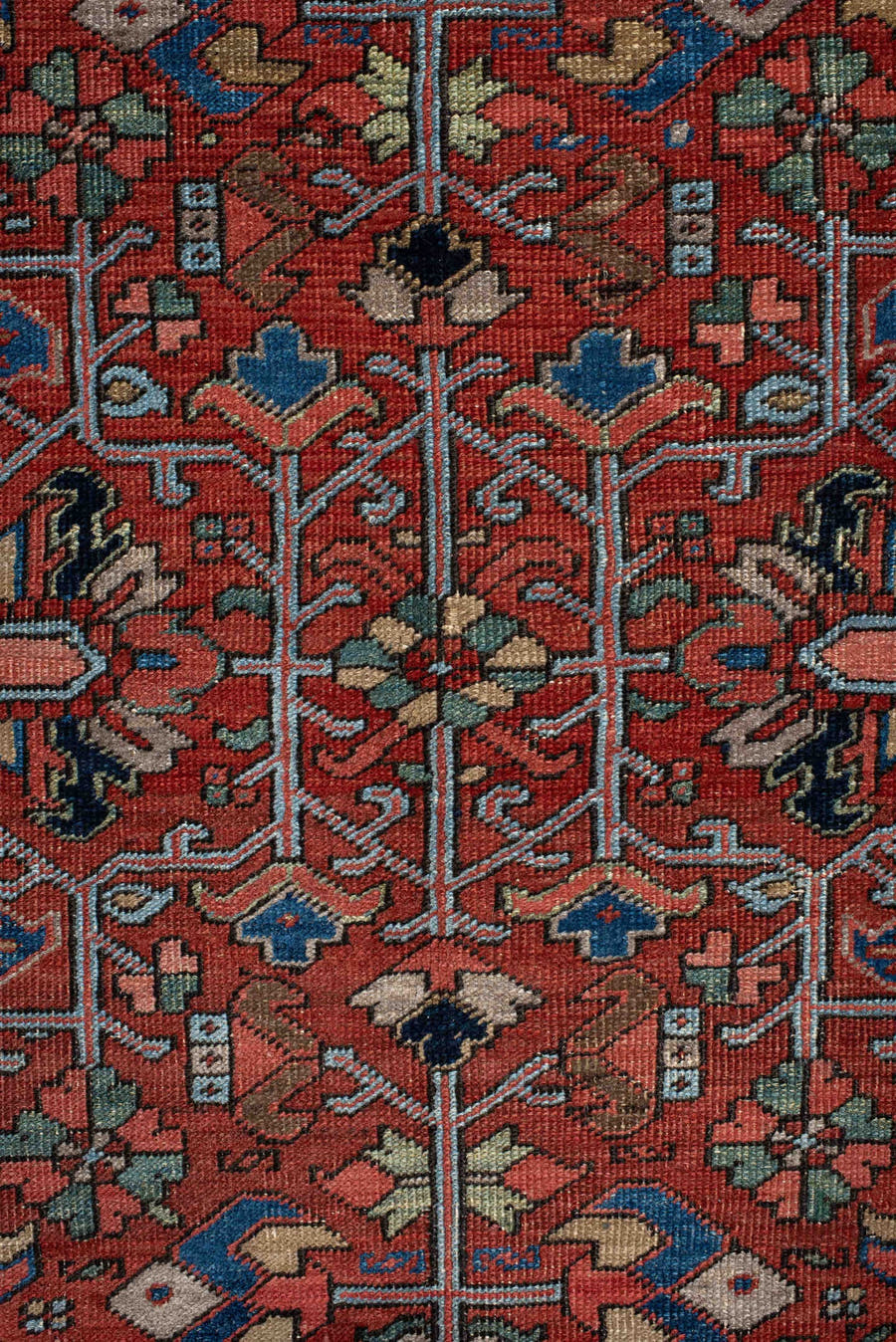6' x 10' one-of-a-kind handmade antique Heriz large size rug. Color palette: rust, navy, ivory, sky_blue, sage, coral, camel