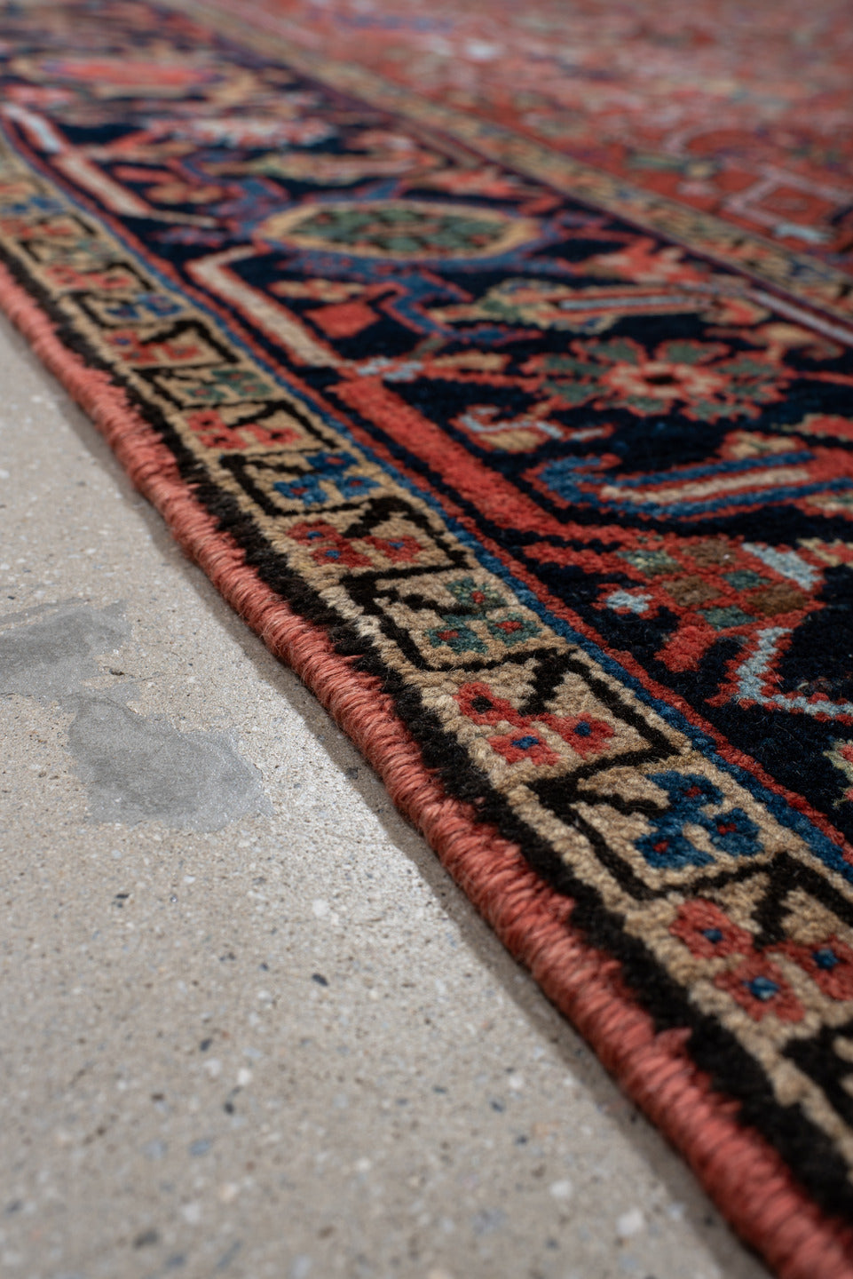 6' x 10' one-of-a-kind handmade antique Heriz large size rug. Color palette: rust, navy, ivory, sky_blue, sage, coral, camel