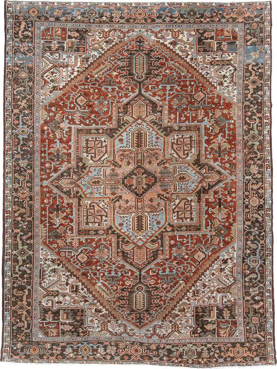8' x 10' one-of-a-kind handmade vintage Karaje large size rug. Color palette: blue, brown, dark gray, dim gray, gray
