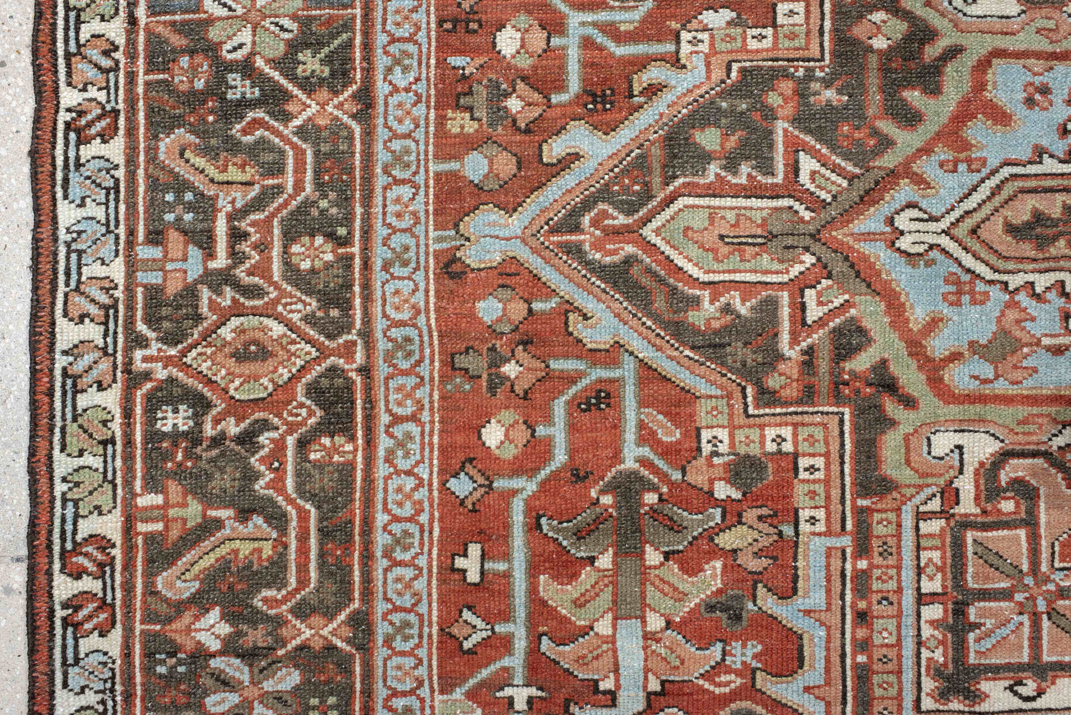 8' x 10' one-of-a-kind handmade vintage Karaje large size rug. Color palette: blue, brown, dark gray, dim gray, gray