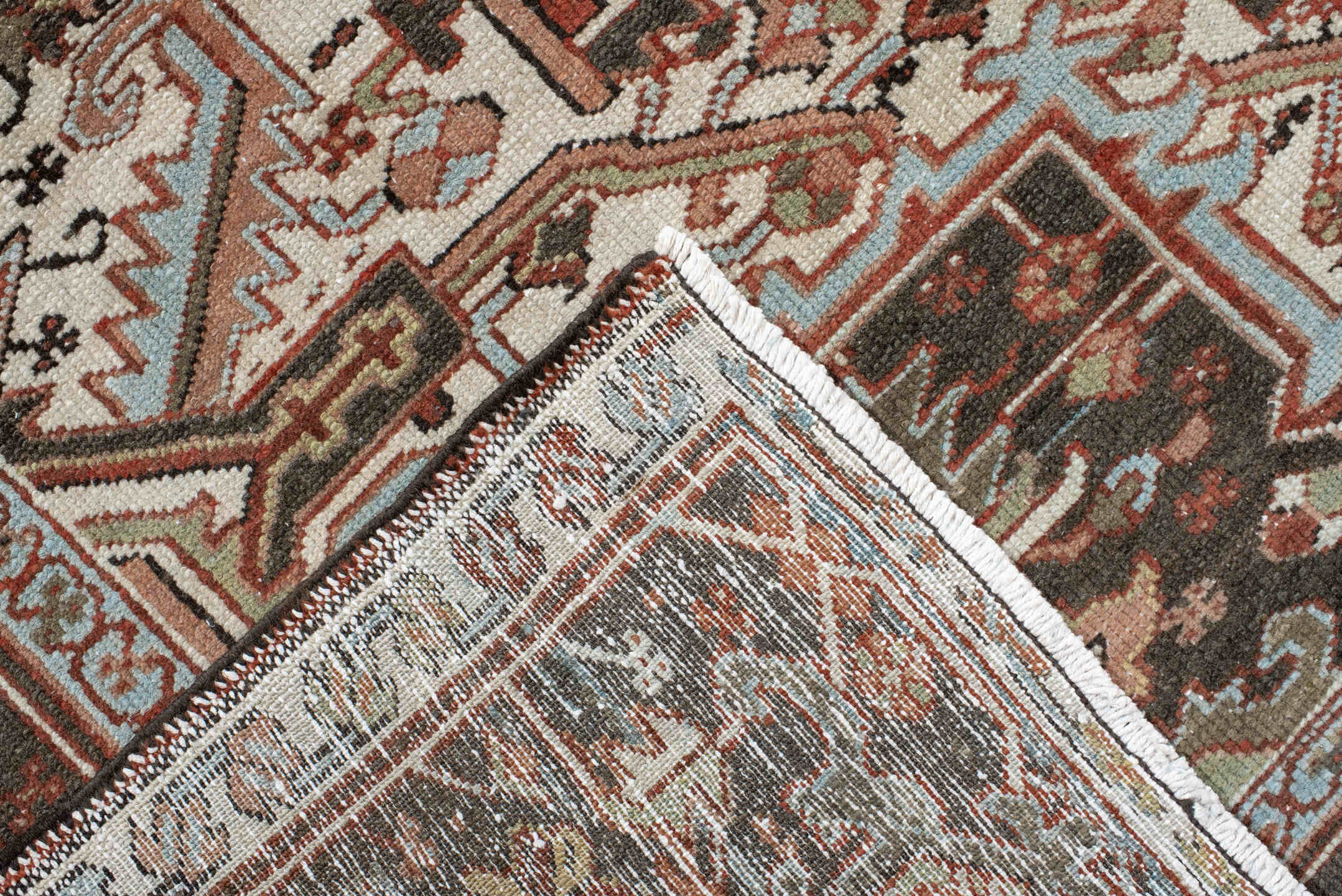 8' x 10' one-of-a-kind handmade vintage Karaje large size rug. Color palette: brown, gray, light gray, off-white, pink