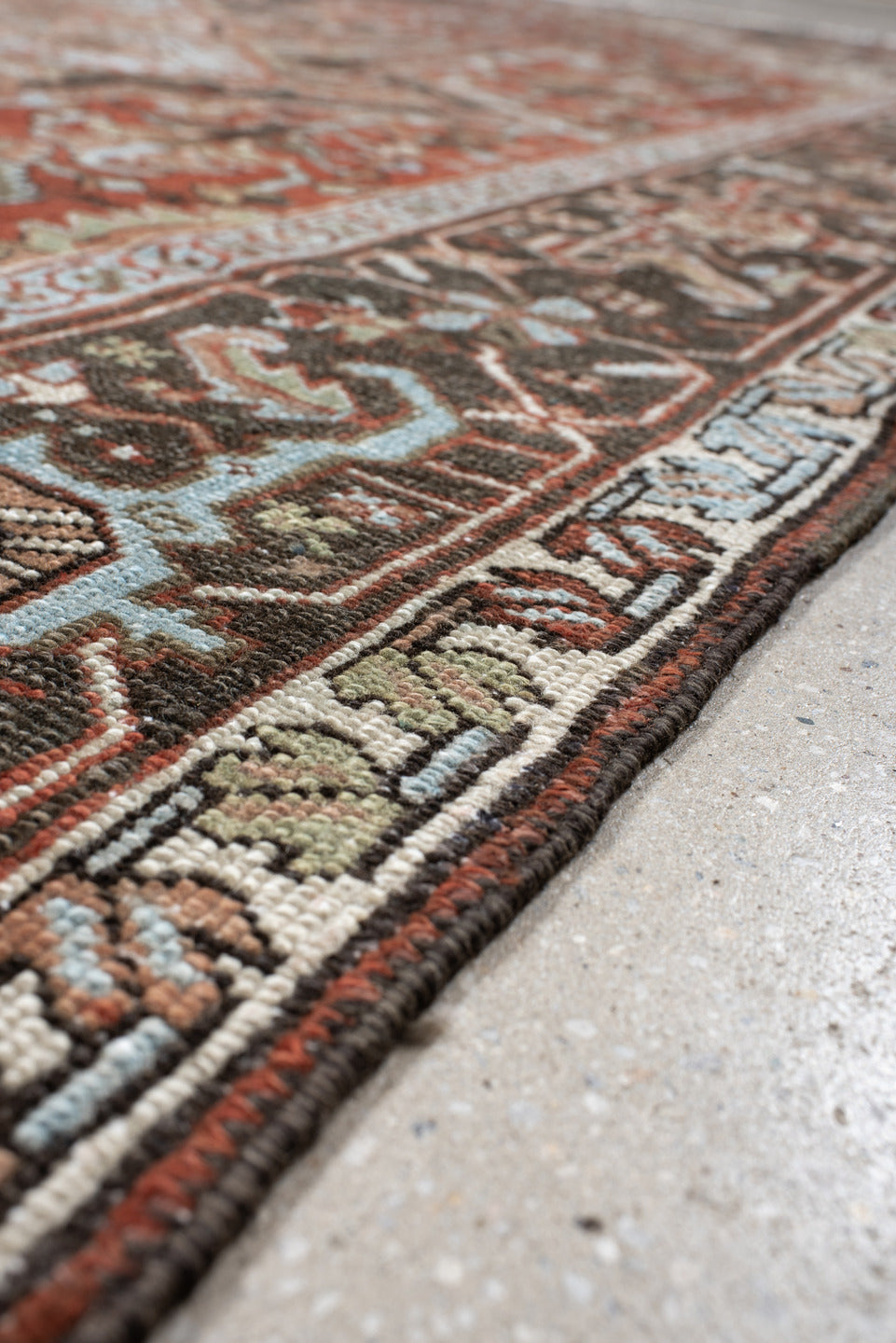 8' x 10' one-of-a-kind handmade vintage Karaje large size rug. Color palette: blue, brown, dark gray, dim gray, gray