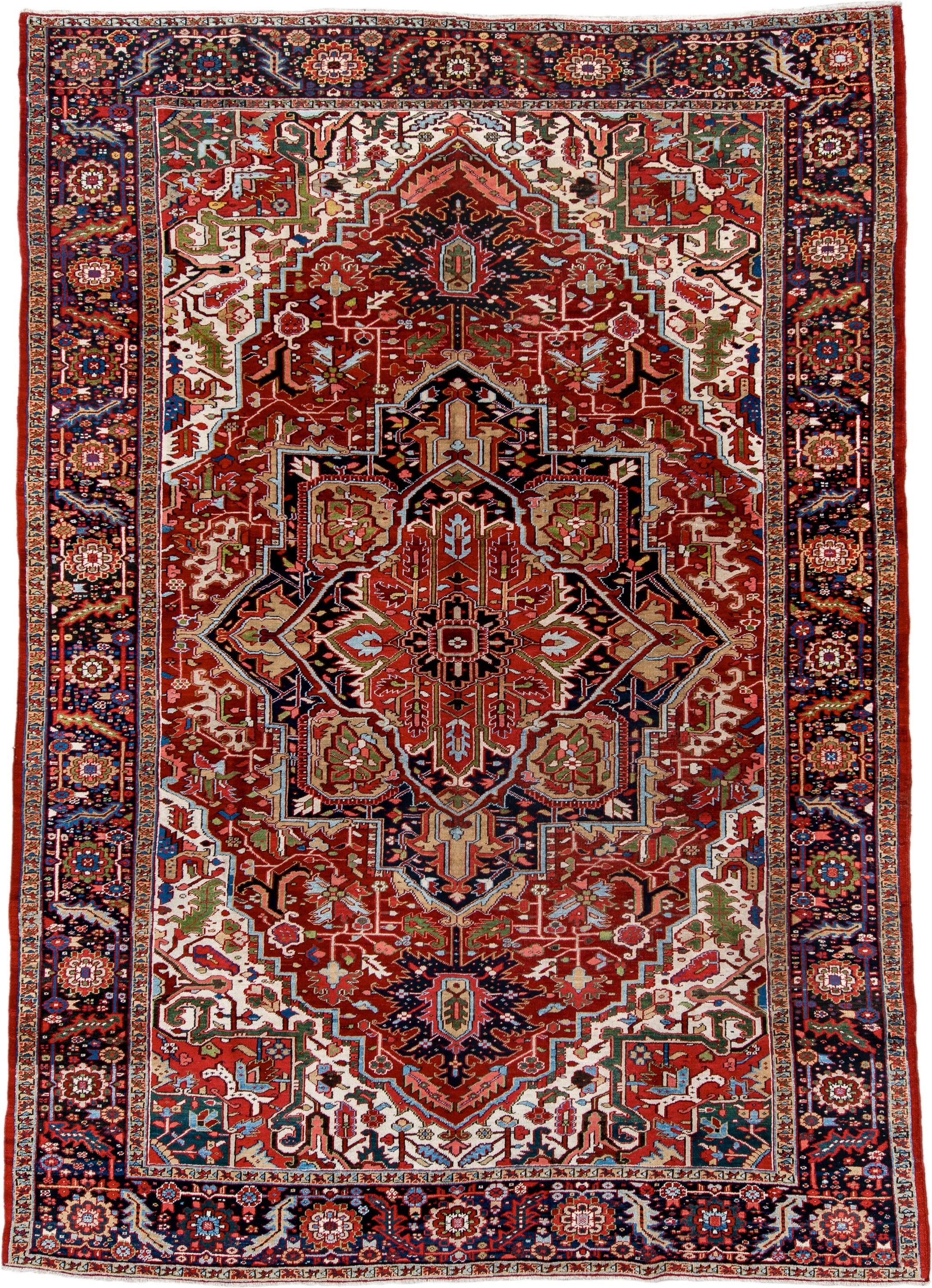 9' x 13' one-of-a-kind handmade antique Heriz large size rug. Color palette: rust, navy, ivory, brick, sage, sky blue, camel