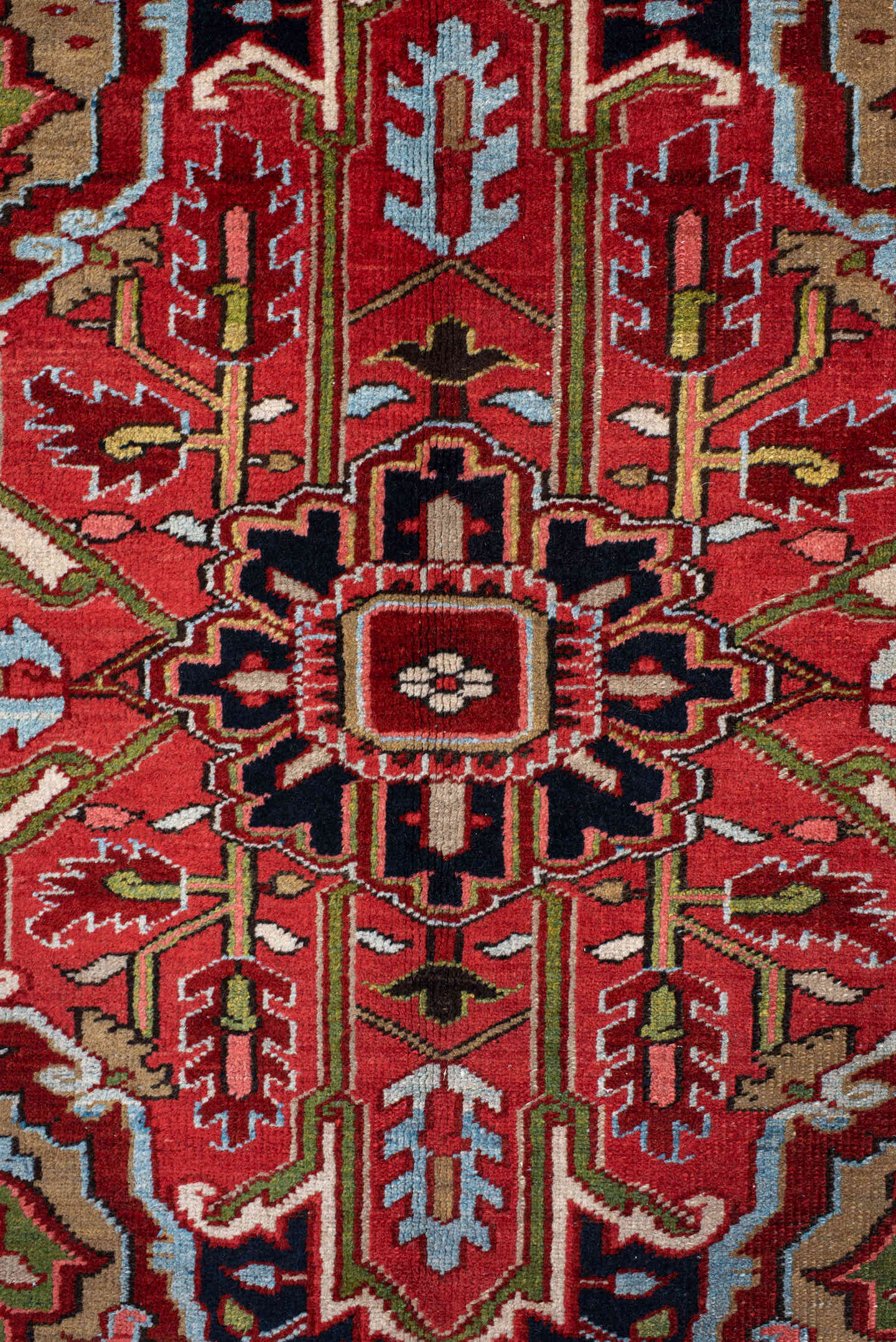 9' x 13' one-of-a-kind handmade antique Heriz large size rug. Color palette: rust, navy, ivory, brick, sage, sky blue, camel