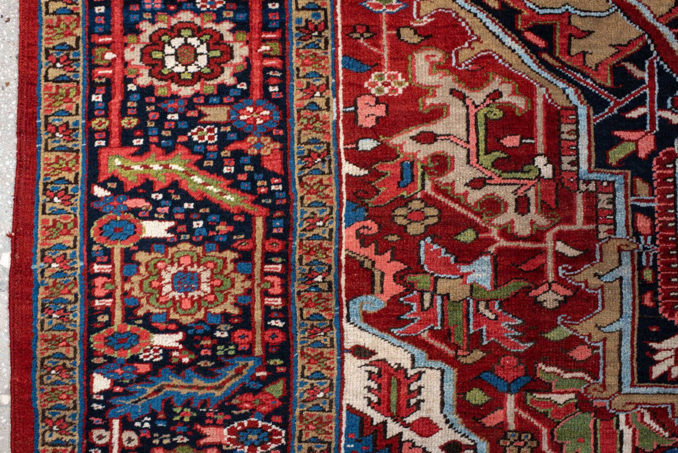 9' x 13' one-of-a-kind handmade antique Heriz large size rug. Color palette: rust, navy, ivory, brick, sage, sky blue, camel