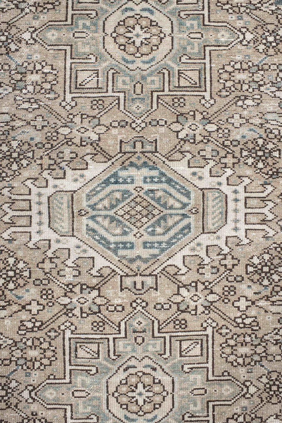 3' x 4' one-of-a-kind handmade antique Karaje small size rug. Color palette: ivory, taupe, slate, camel, brown, sage, beige