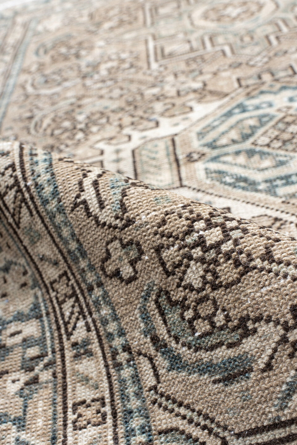 3' x 4' one-of-a-kind handmade antique Karaje small size rug. Color palette: ivory, taupe, slate, camel, brown, sage, beige