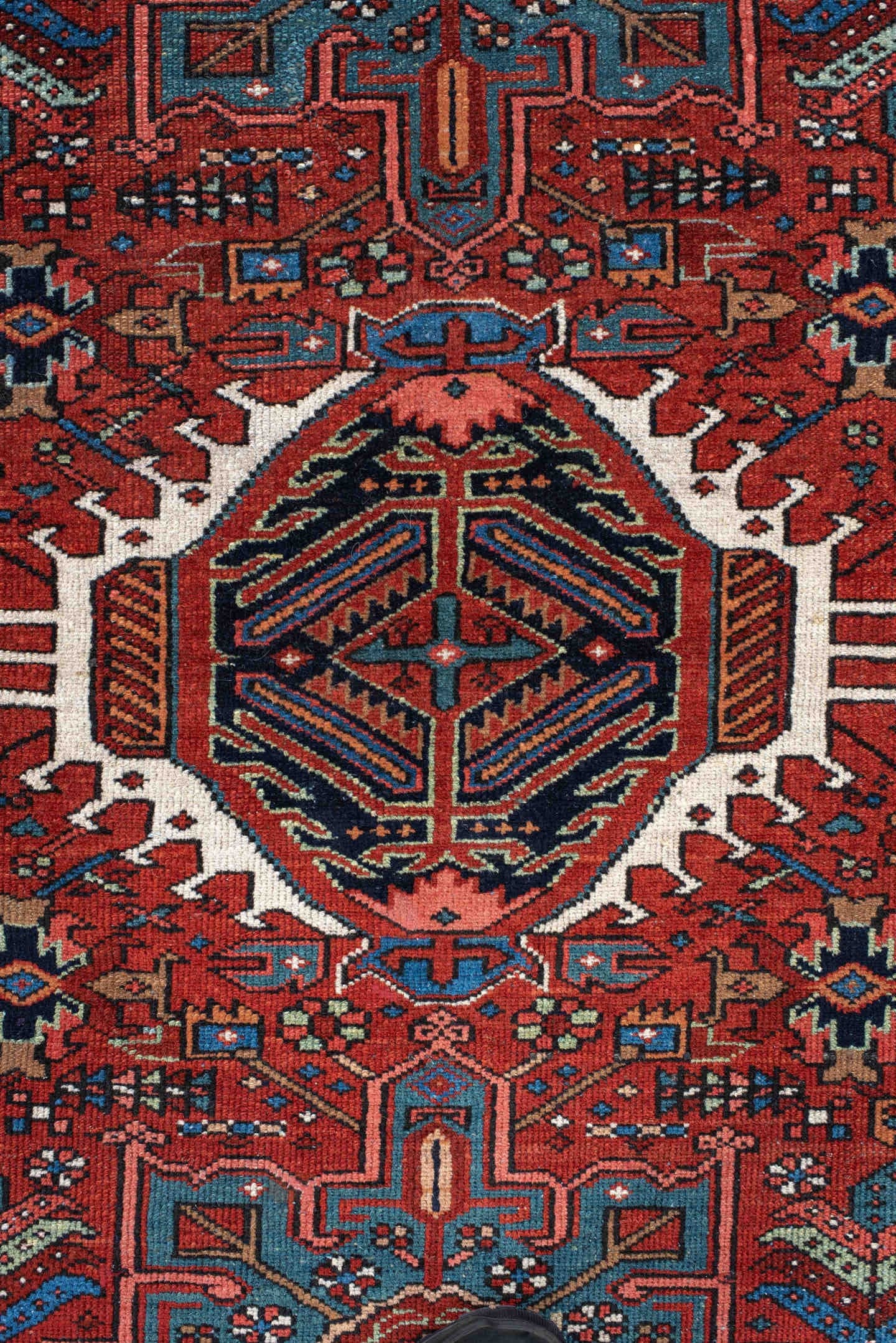 4' x 6' one-of-a-kind handmade antique Karaje small size rug. Color palette: rust, navy, ivory, sky_blue, crimson, teal