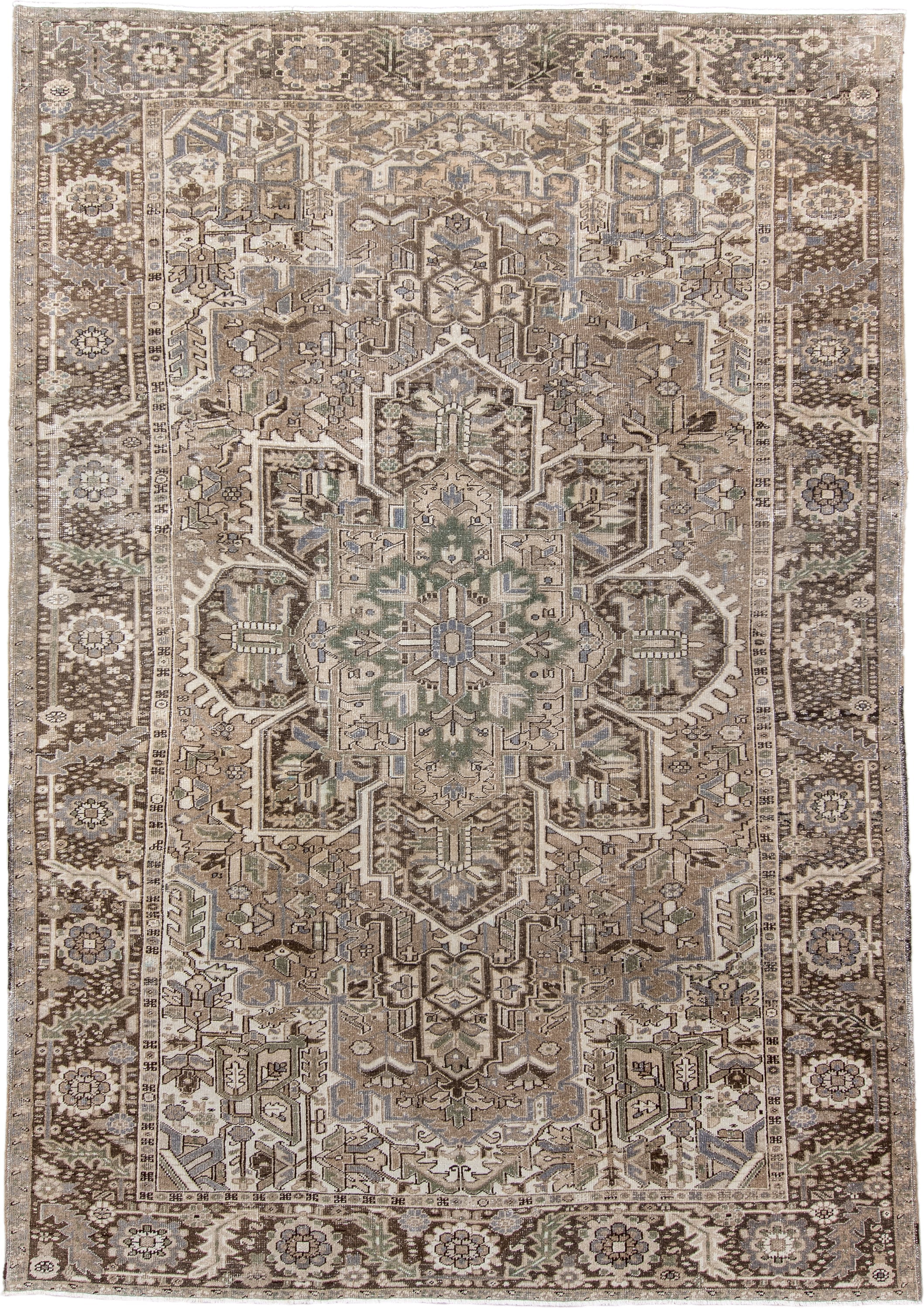 8' x 11' one-of-a-kind handmade antique Heriz large size rug. Color palette: taupe, brown, ivory, slate, sage, camel, beige