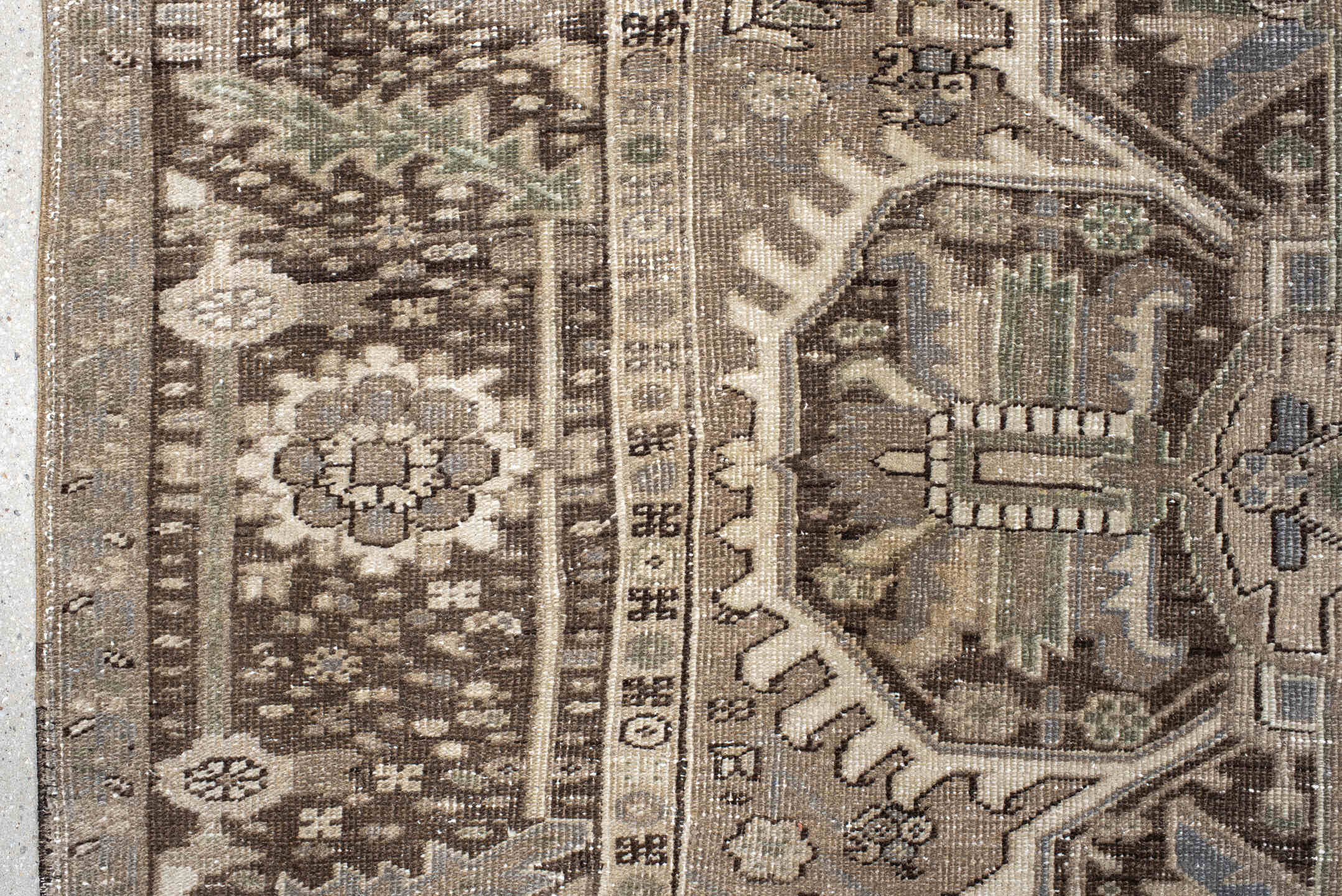 8' x 11' one-of-a-kind handmade antique Heriz large size rug. Color palette: taupe, brown, ivory, slate, sage, camel, beige