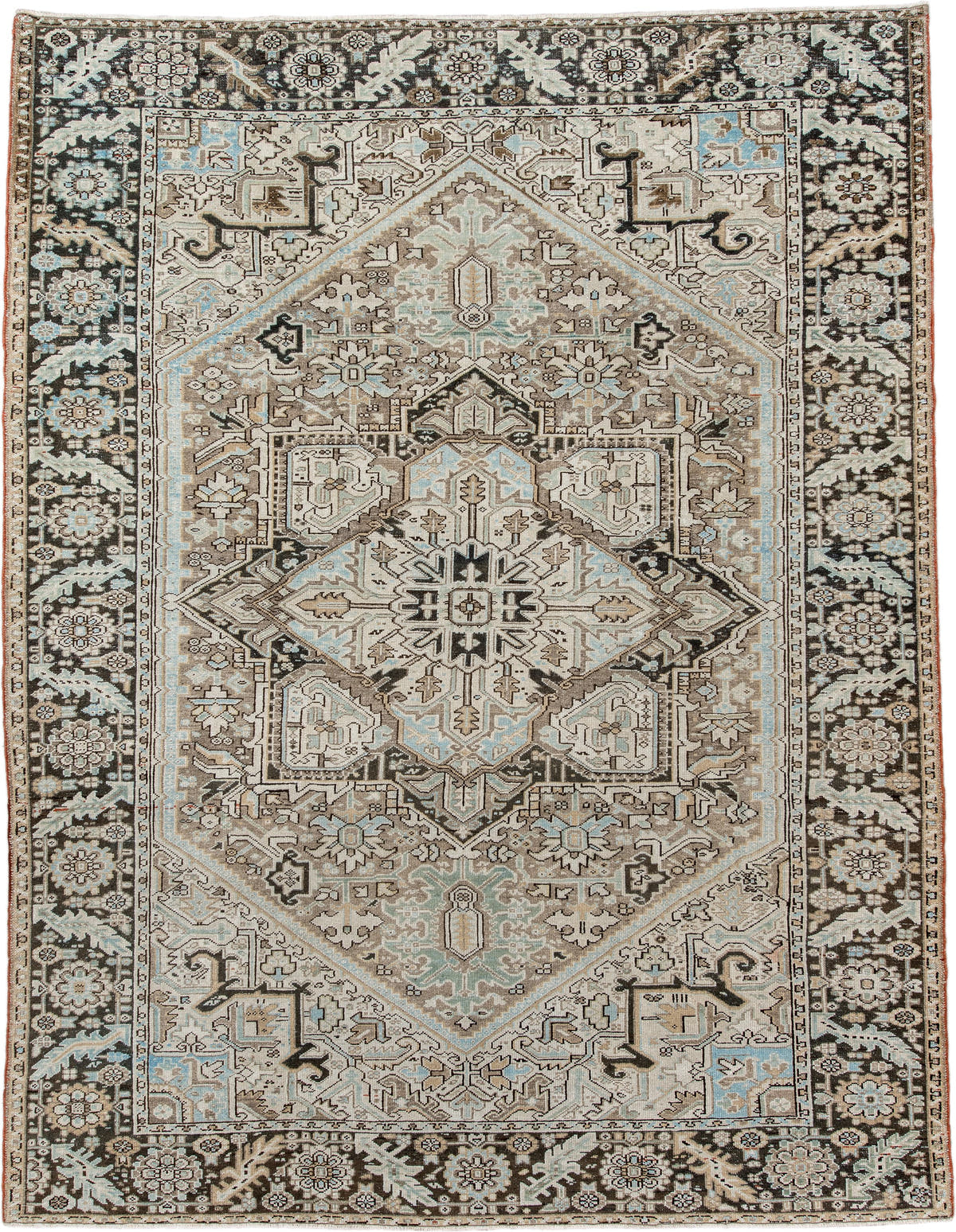 8' x 10' one-of-a-kind handmade antique Karaje large size rug. Color palette: ivory, taupe, charcoal, sky_blue, camel, brown
