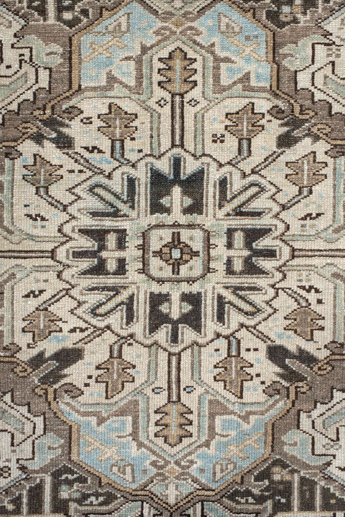 8' x 10' one-of-a-kind handmade antique Karaje large size rug. Color palette: ivory, taupe, charcoal, sky_blue, camel, brown