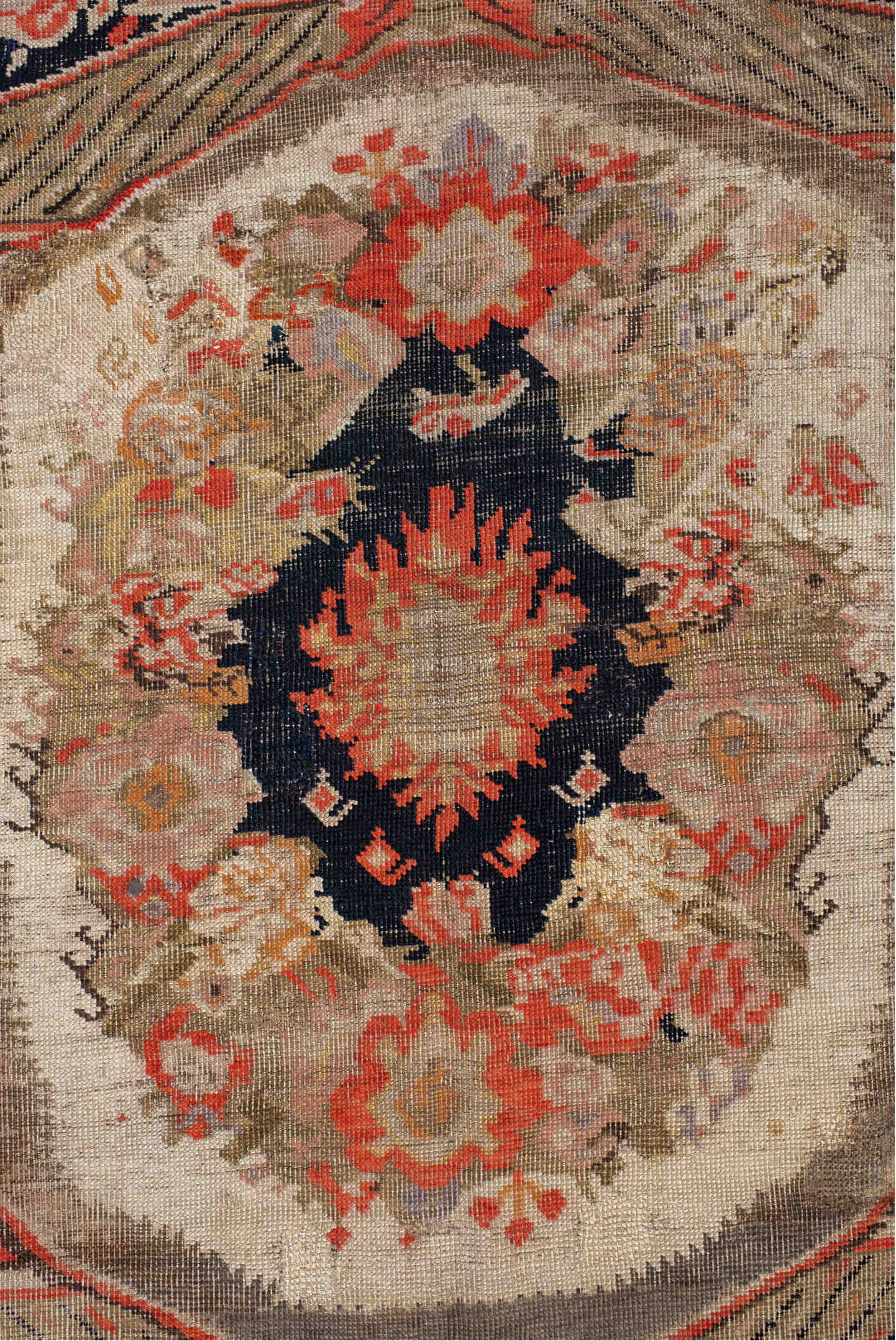 6' x 18' one-of-a-kind handmade vintage Karabagh rug. Color palette: black, brown, charcoal, gray, light gray, off-white