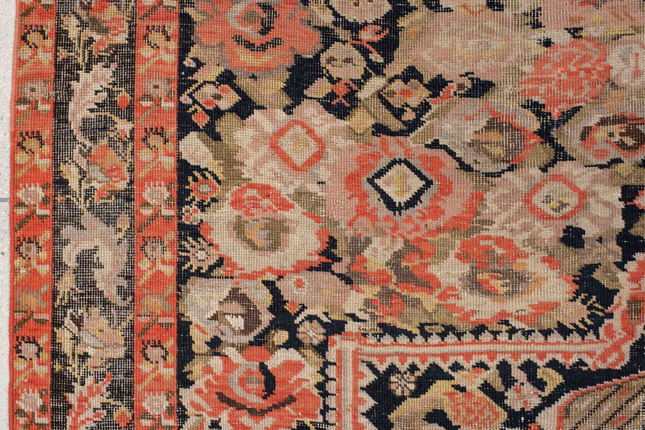6' x 18' one-of-a-kind handmade vintage Karabagh rug. Color palette: ivory, charcoal, coral, rust, taupe, rose, cream, gray